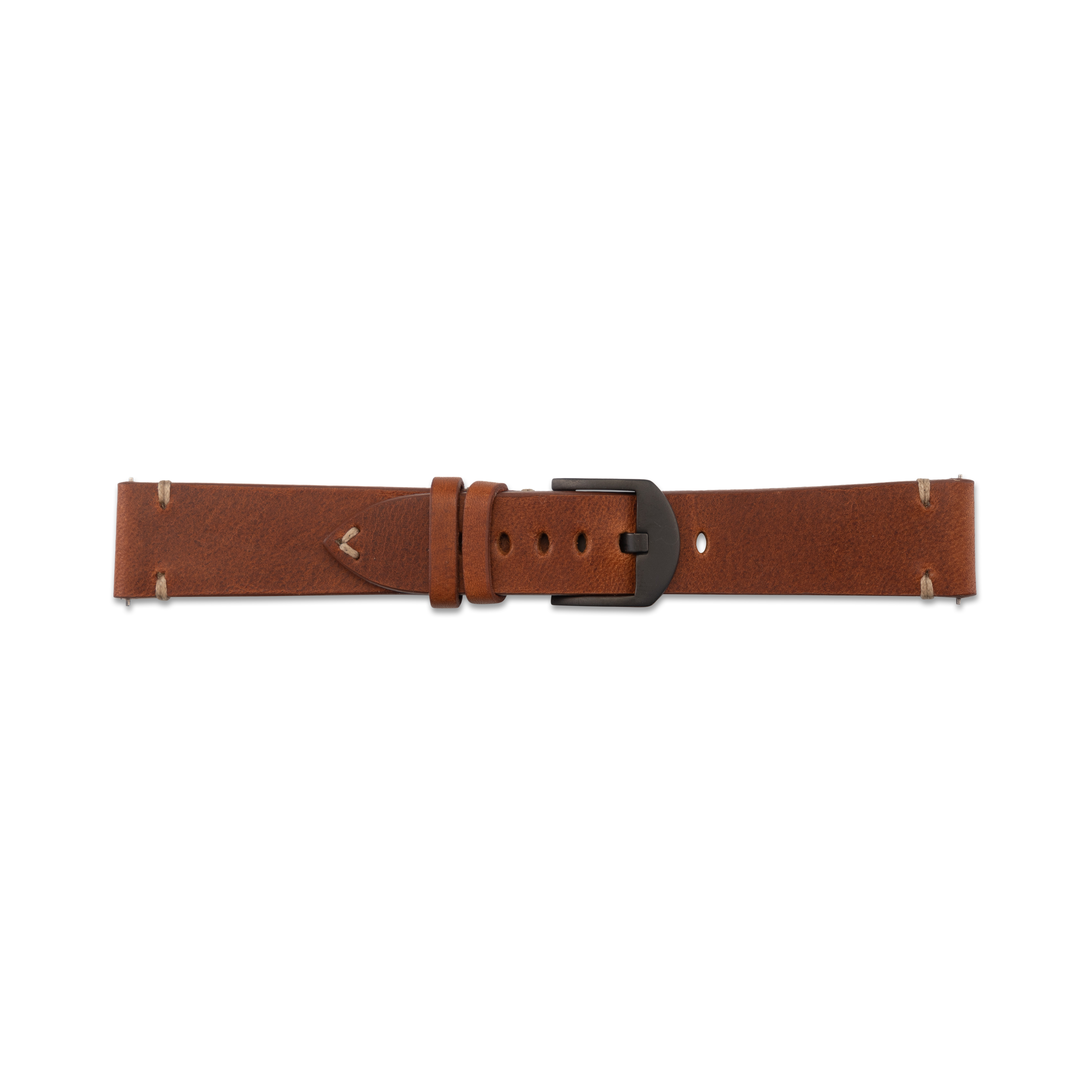 Braunes Leder-Uhrenarmband mit schwarzer Schnalle. Beige Naht. Weißer Hintergrund.