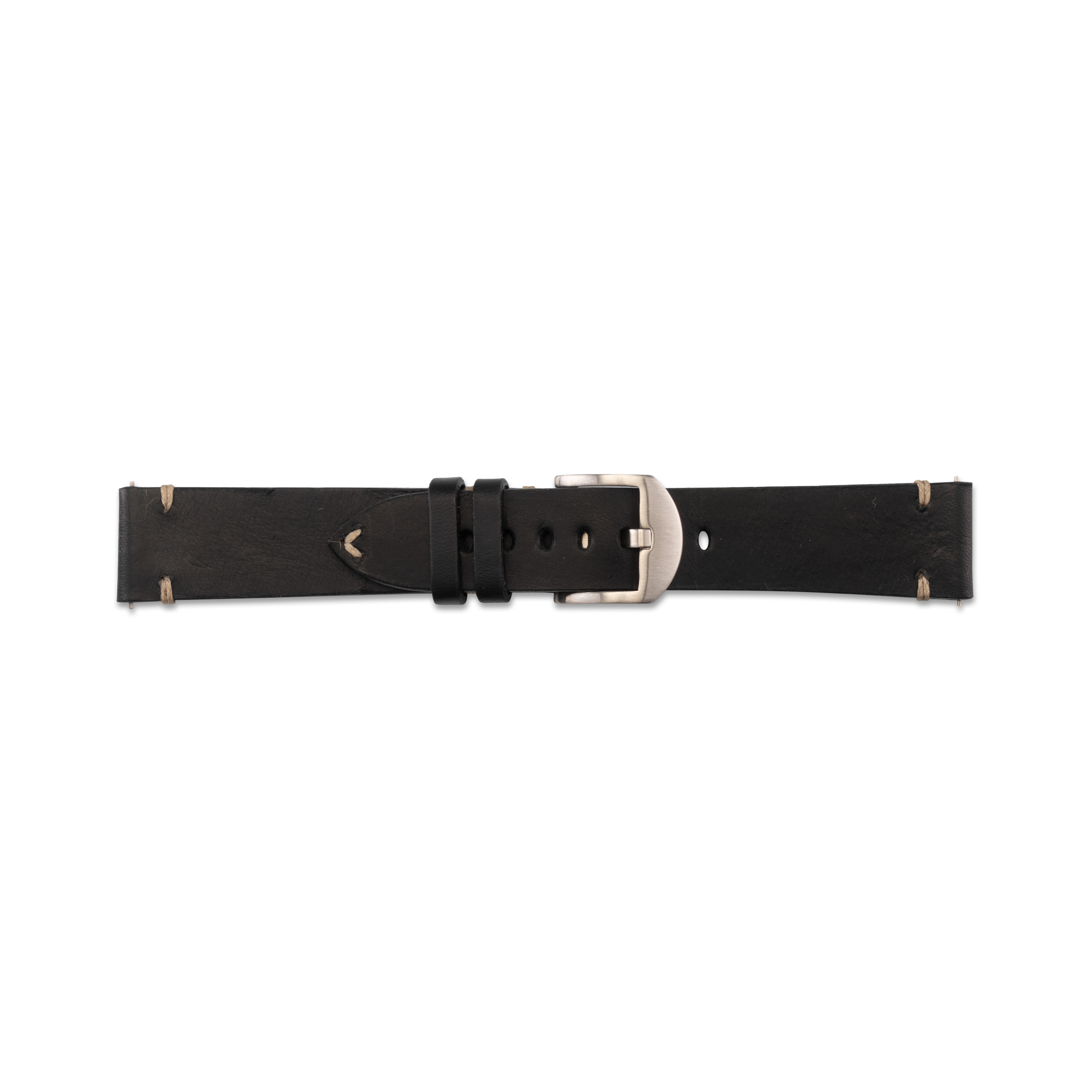 Schwarzes Leder-Uhrenarmband mit silberner Schnalle auf weißem Hintergrund.