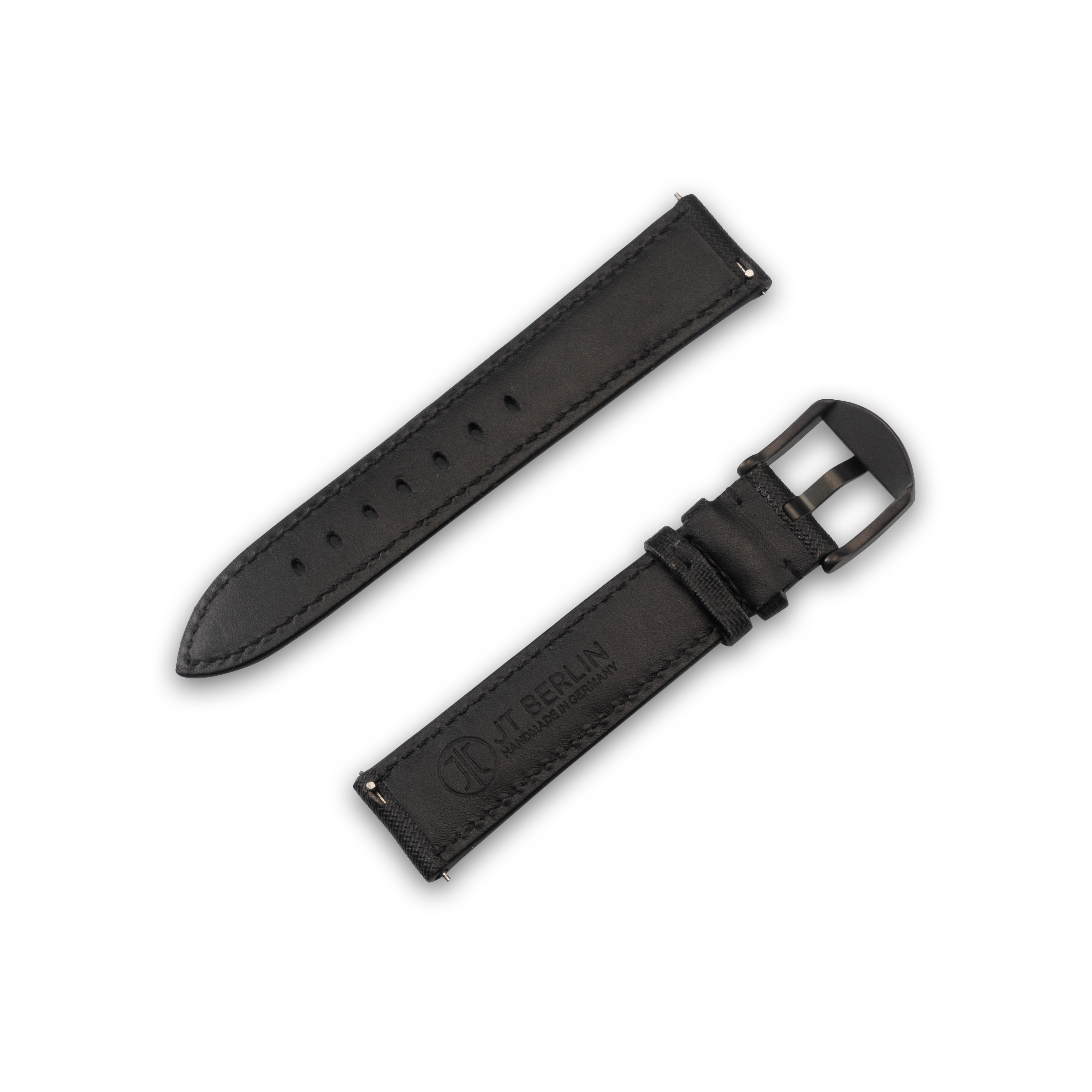 Zwei schwarze Leder-Uhrenarmbänder mit schwarzer Schnalle, auf weißem Hintergrund.