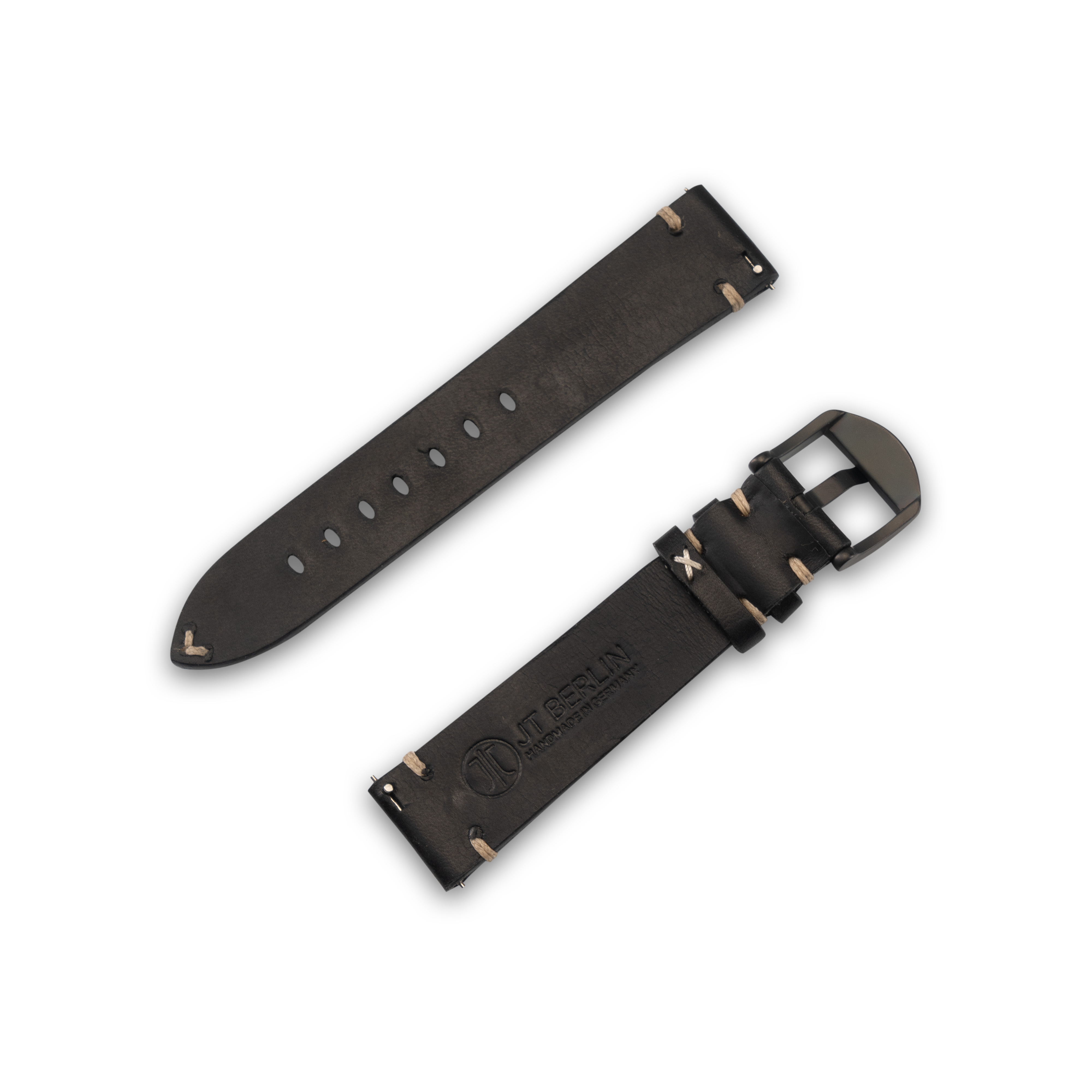 Zwei schwarze Lederarmbänder, eines mit Löchern, eines mit Schnalle.