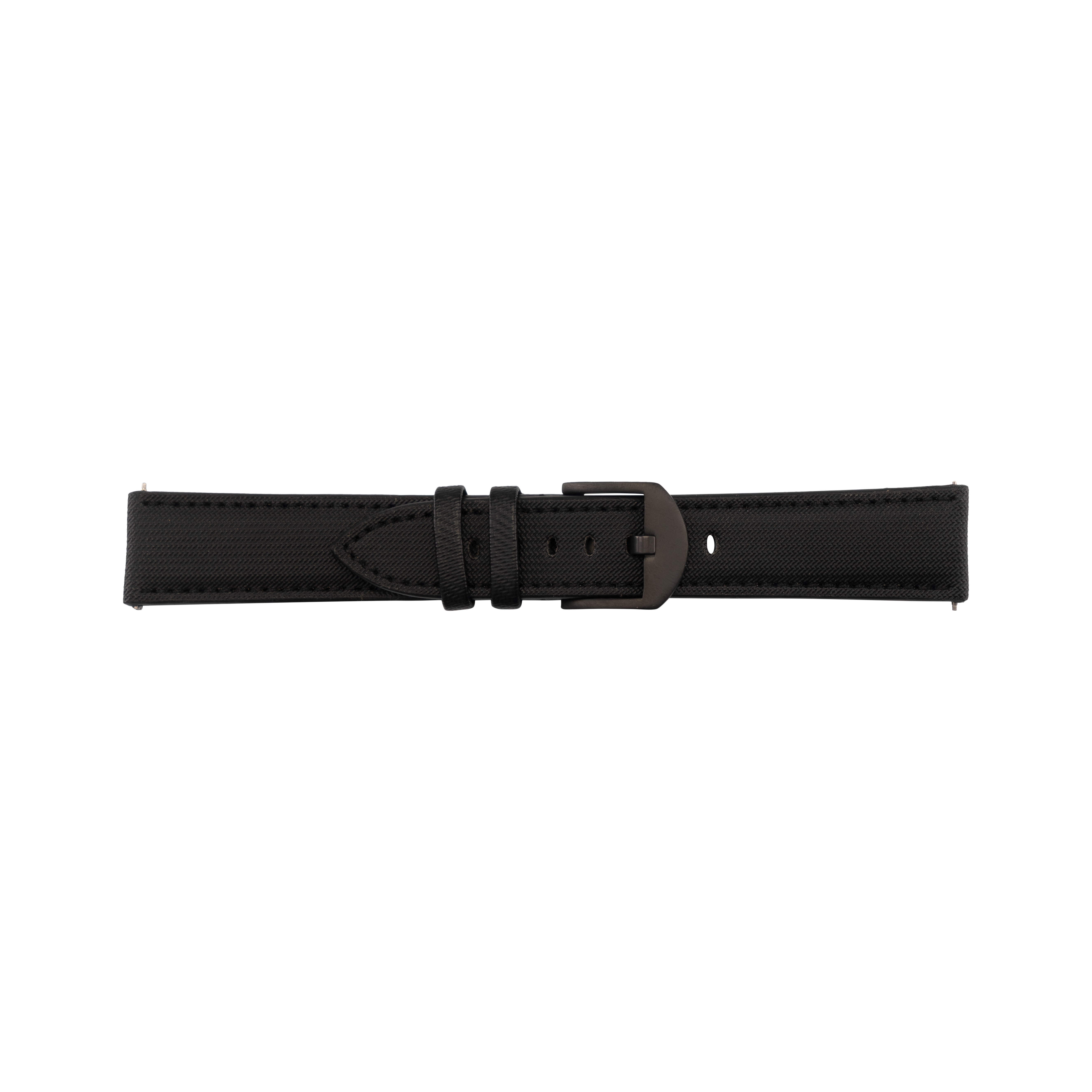 Schwarzes Uhrenarmband mit schwarzer Schließe vor weißem Hintergrund.