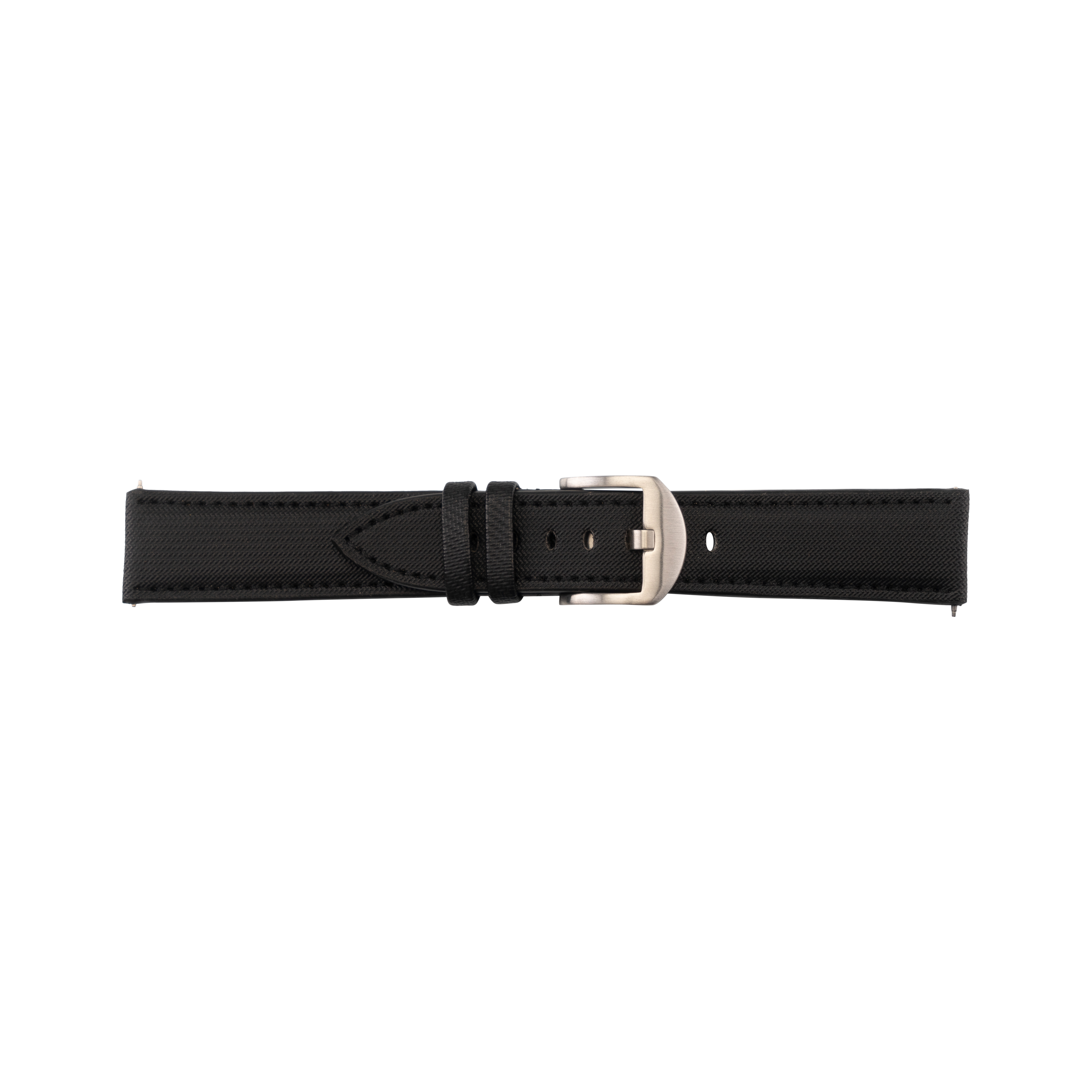 Schwarzes Uhrenarmband mit Schnalle. Das Armband besteht aus Stoff und Leder. Weißer Hintergrund.