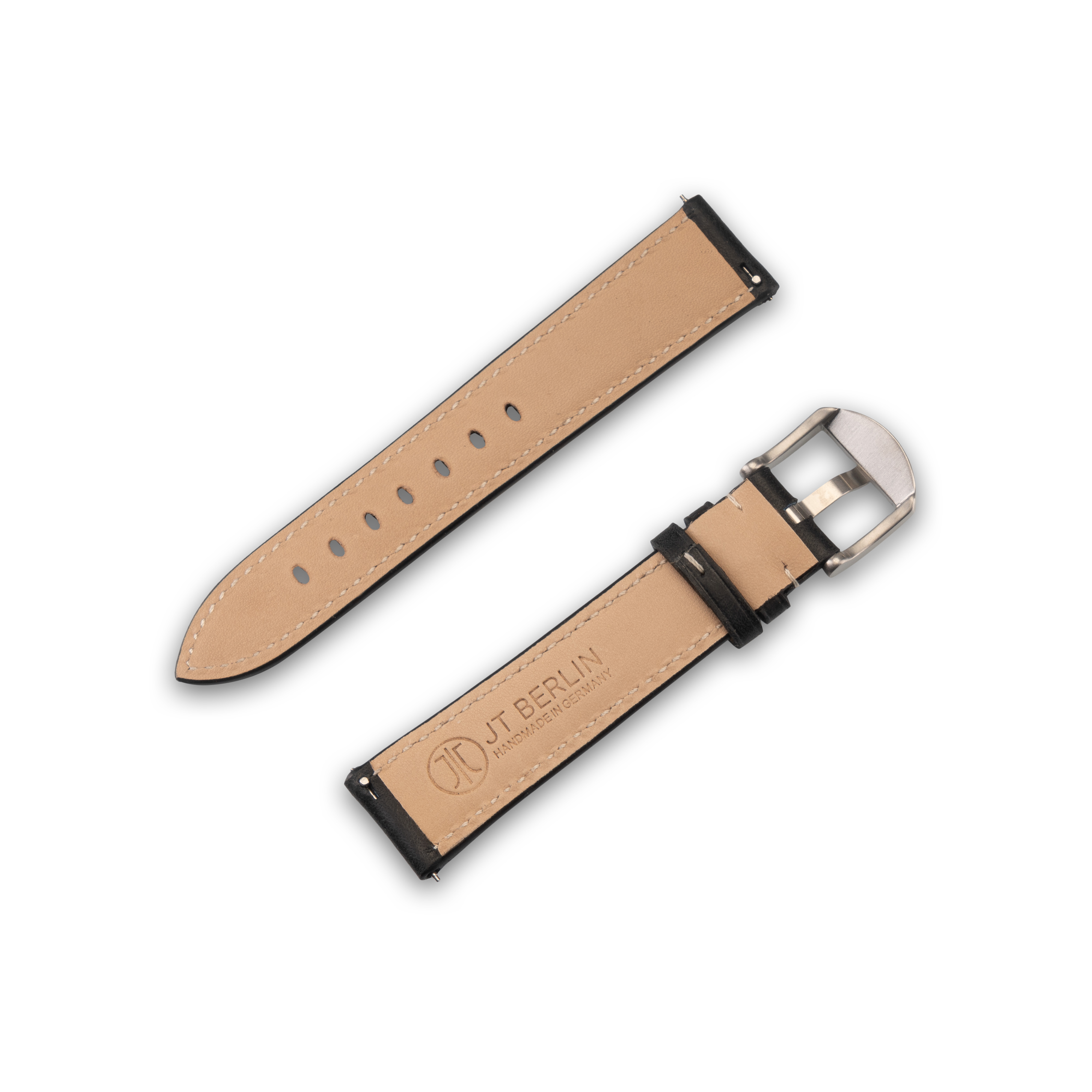 Armbanduhr in zwei Teilen, schwarzes Leder außen, beige innen, silberne Schnalle, auf weißem Hintergrund.