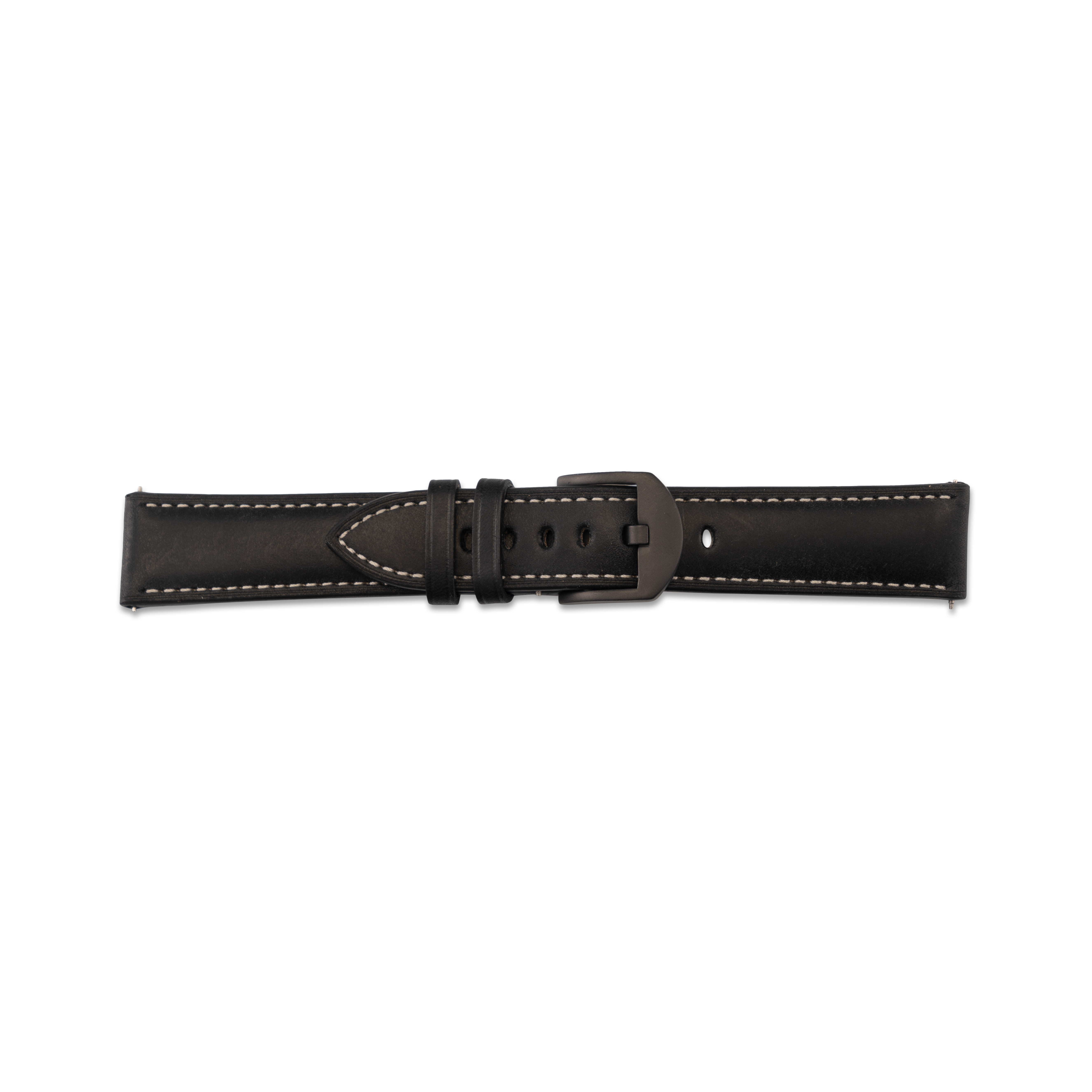 Schwarzes Leder-Uhrenarmband mit weißen Nähten und schwarzer Schnalle.