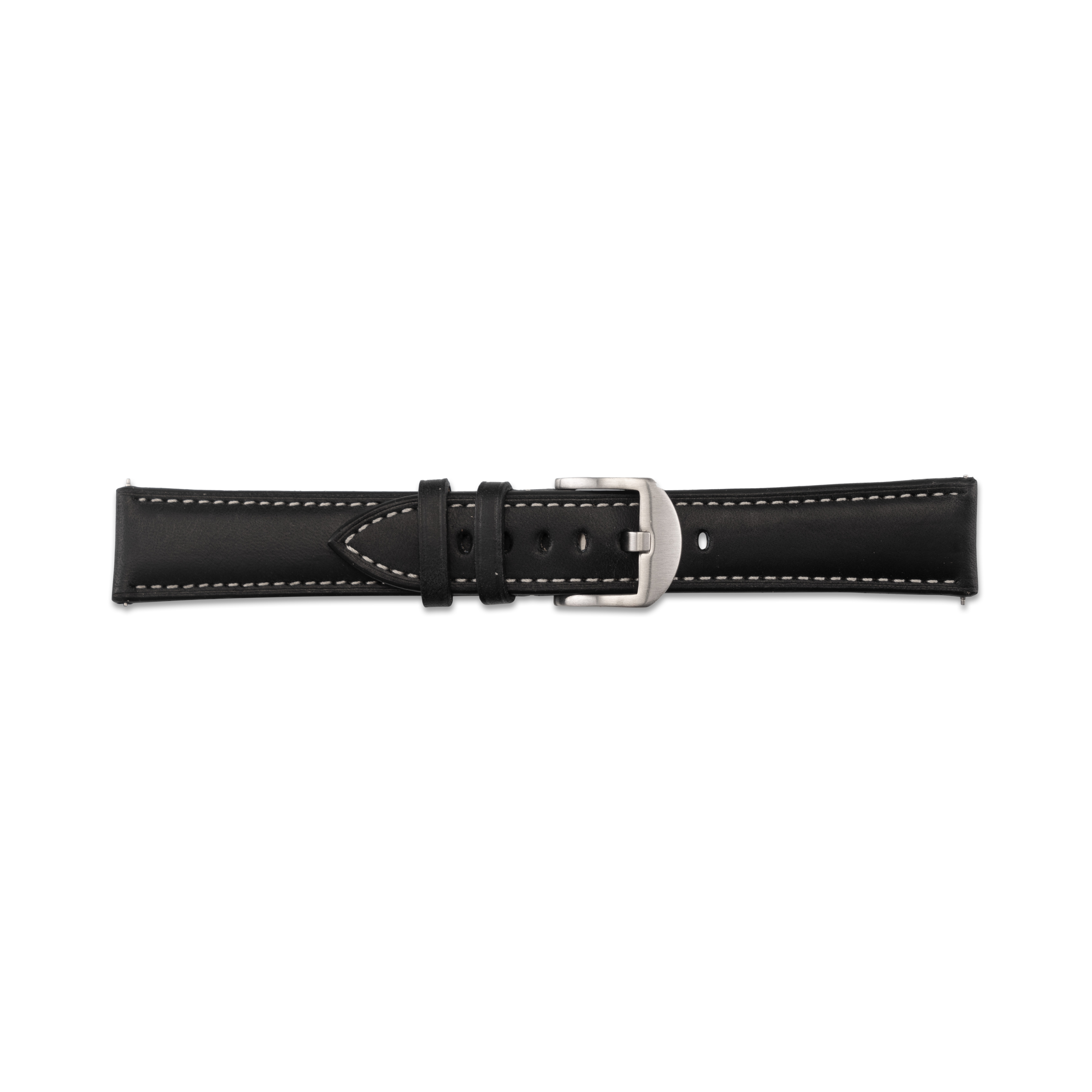 Schwarzes Leder-Uhrenarmband mit weißen Nähten. Das Armband hat eine Metallschnalle und eine Schlaufe.