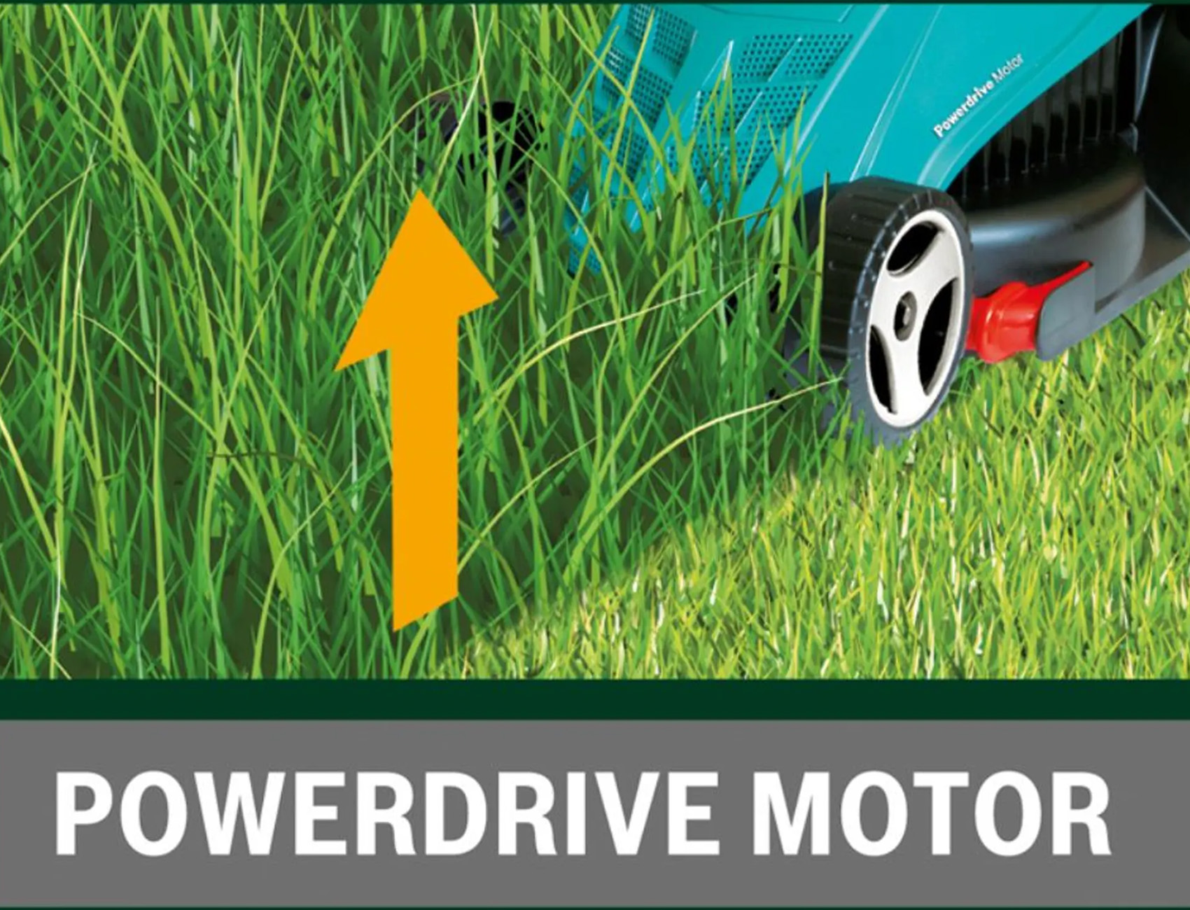Un cortacésped verde cortando césped con una flecha hacia arriba y el texto 'POWERDRIVE MOTOR'.