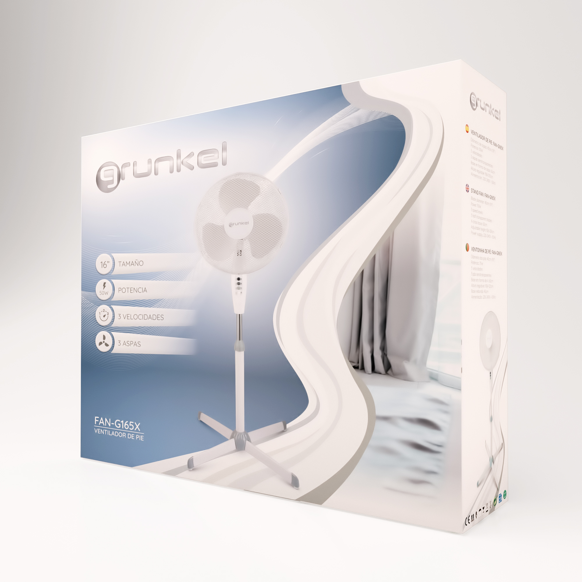 Grunkel-Ventilatorbox mit weißem Ventilator auf einem Ständer, Details zu Größe und Geschwindigkeit.