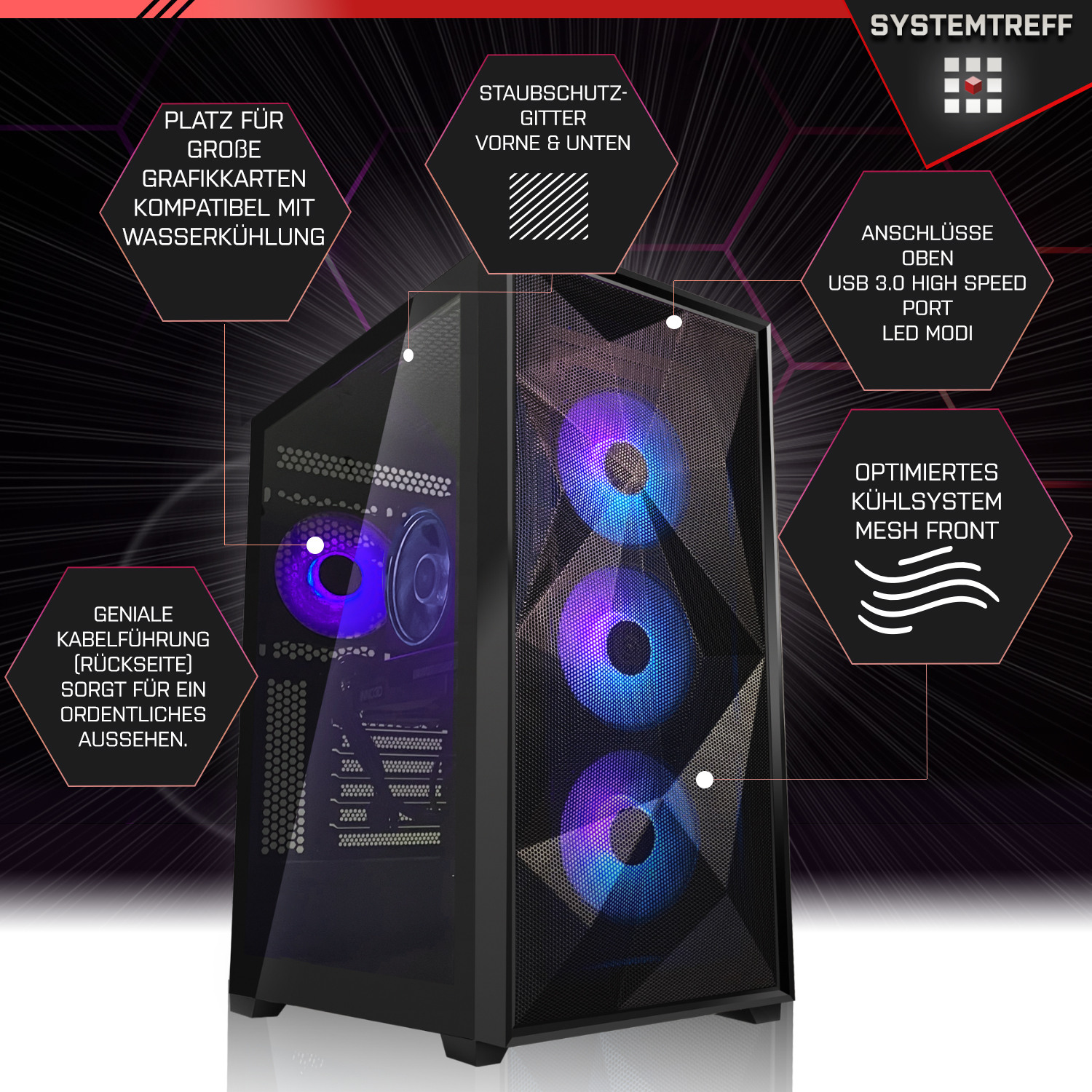 Ein schwarzes Computergehäuse mit blauen und violetten Innenlichtern und beschreibendem Text.