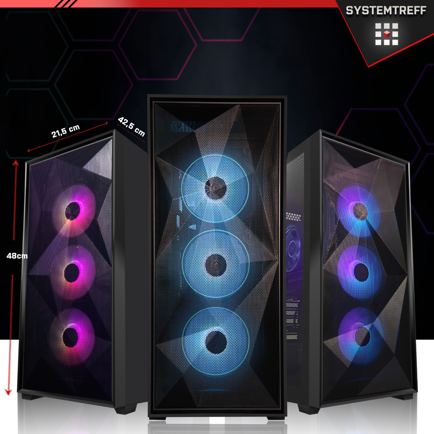 Drei beleuchtete Computergehäuse, schwarz, mit Lüftern und farbigen Lichtern.