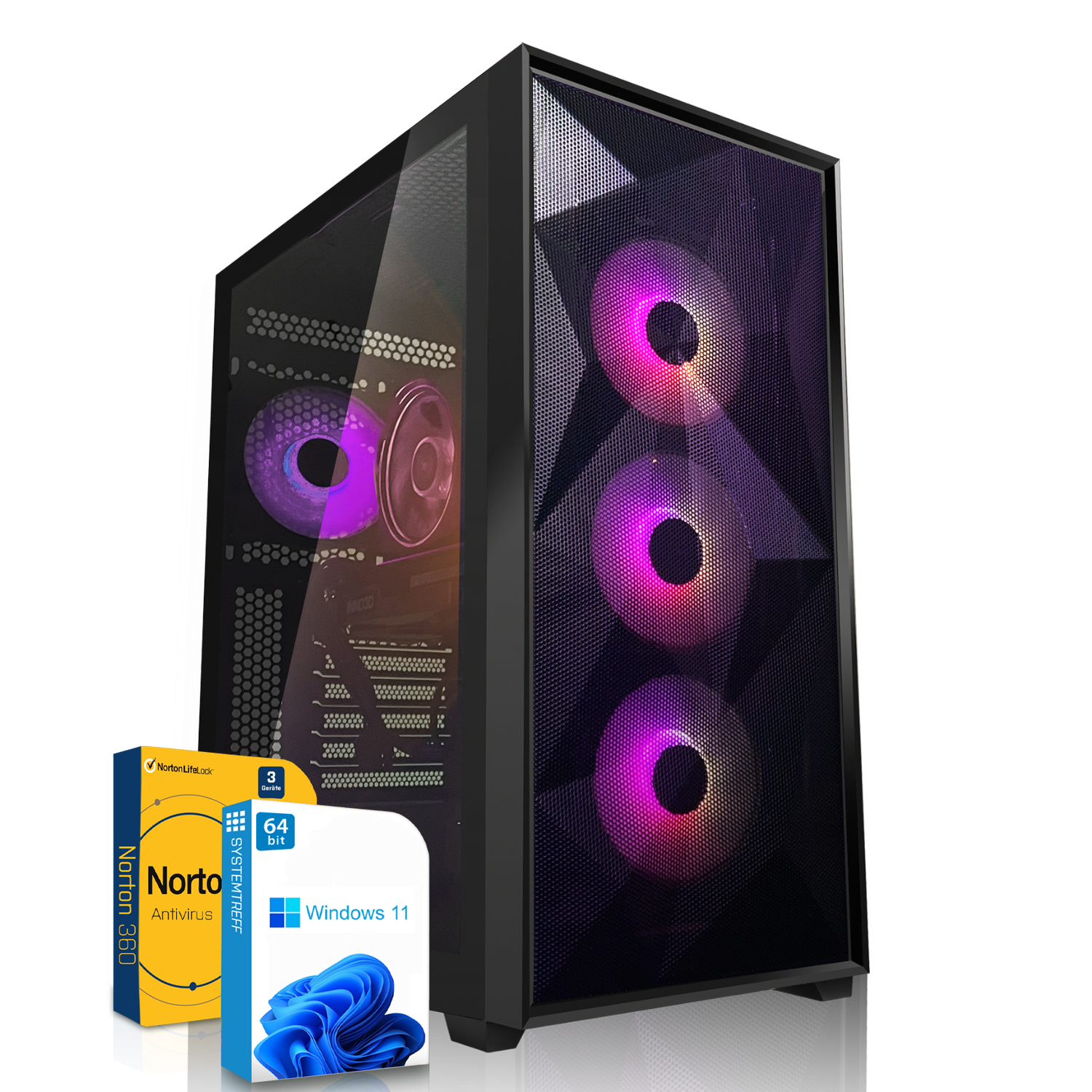 Schwarzes PC-Gehäuse mit pinken Lichtern und Software-Boxen. Reflektierende Oberfläche.