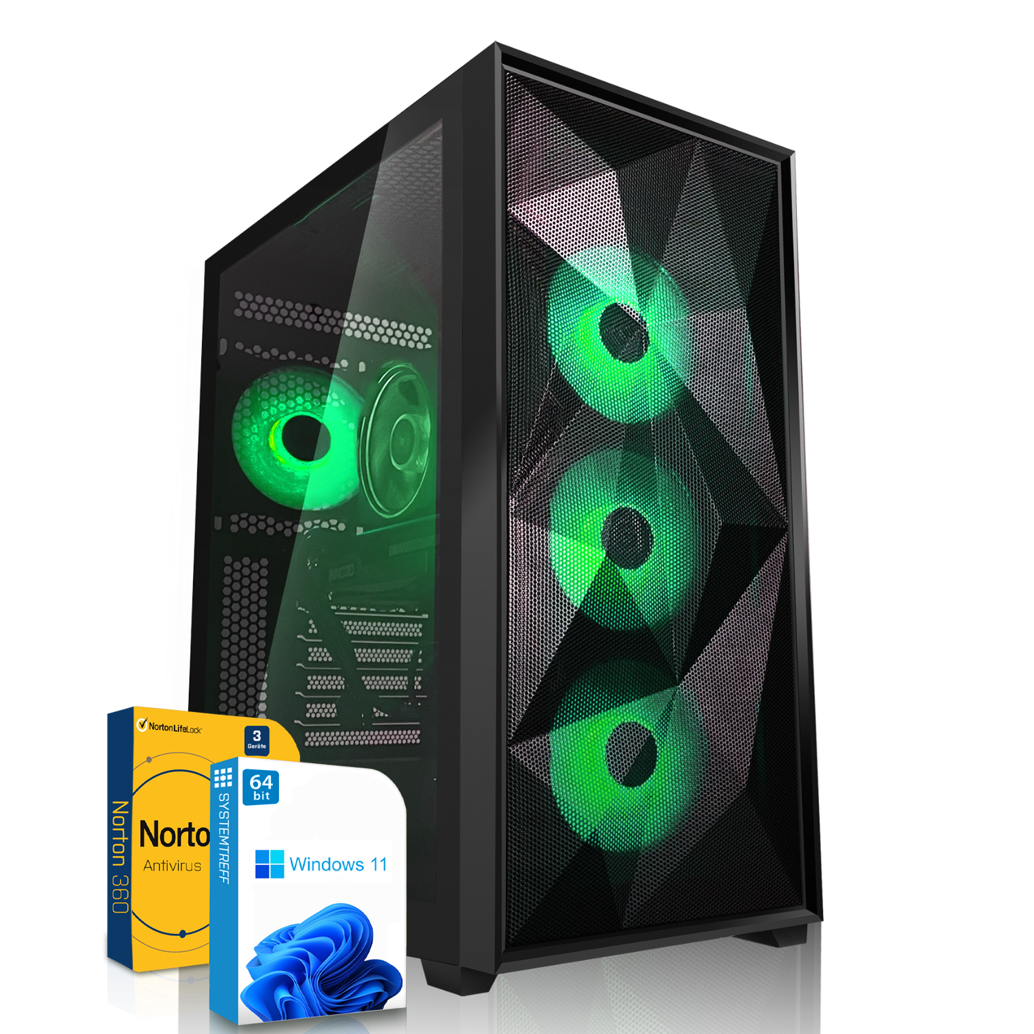 Schwarzes PC-Gehäuse mit grünen Lichtern und Software-Boxen. Reflektierende Oberfläche.