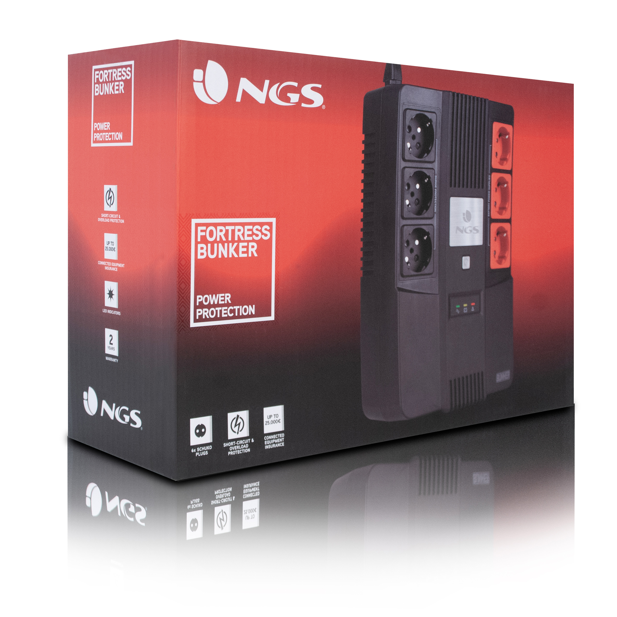 Produktbox eines schwarzen Stromschutzgeräts mit dem Markennamen NGS und Produktmerkmalen.