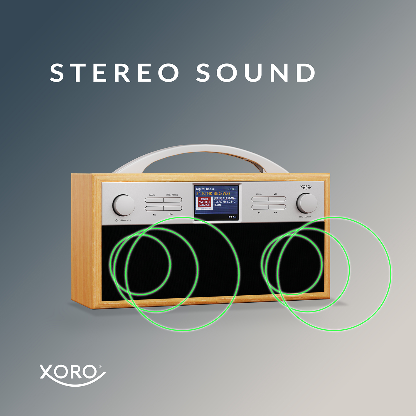 Stereo-Radio aus Holz mit Digitalanzeige und grüner Schallwellen-Illustration. Der Text 'STEREO SOUND' steht oben.