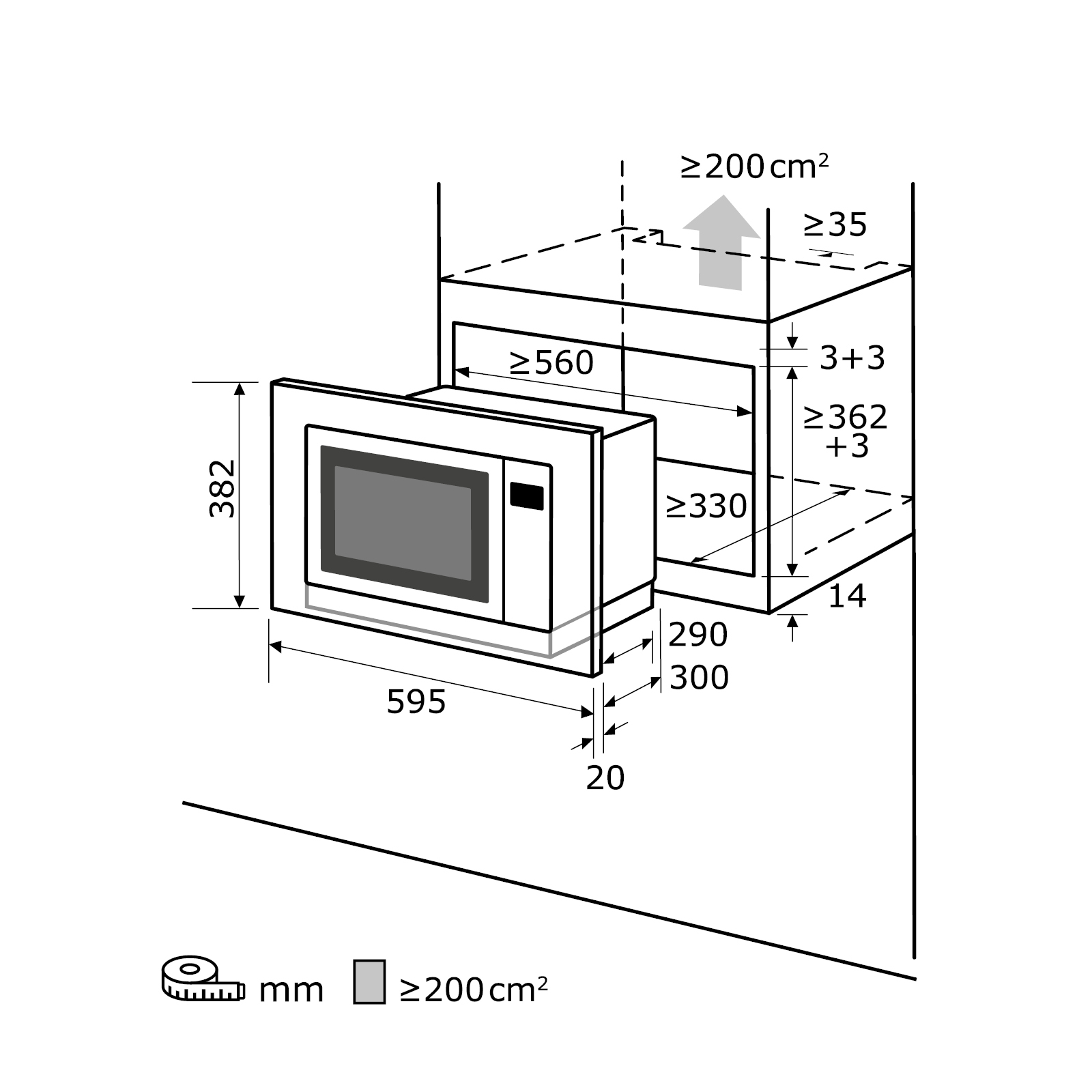 Diagramm eines Einbau-Mikrowellenherdes, das Abmessungen in mm und andere technische Spezifikationen zeigt.