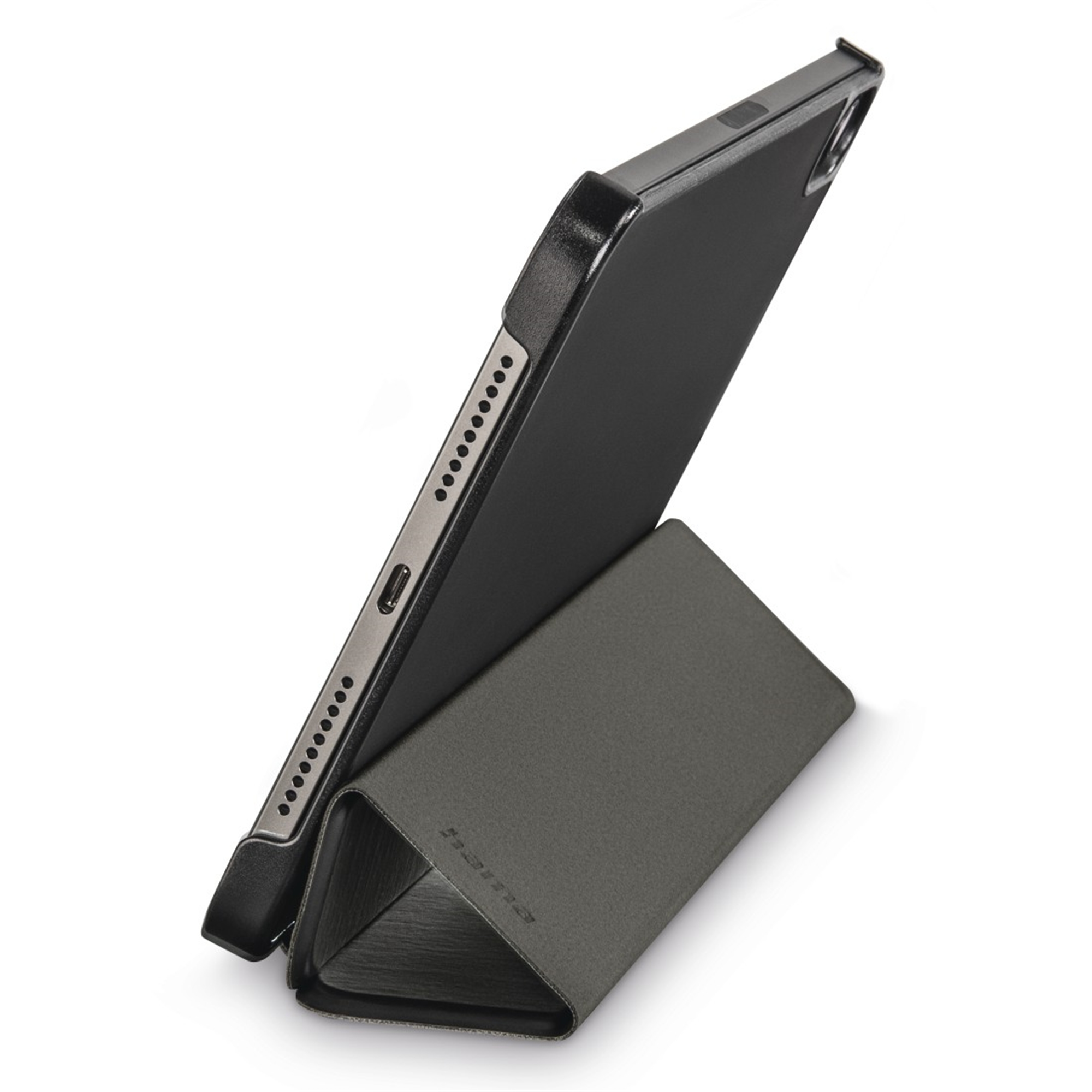 Ein iPad in einer schwarzen Hülle, die zum Betrachten hochgestellt ist, mit einer grauen, strukturierten Abdeckung.