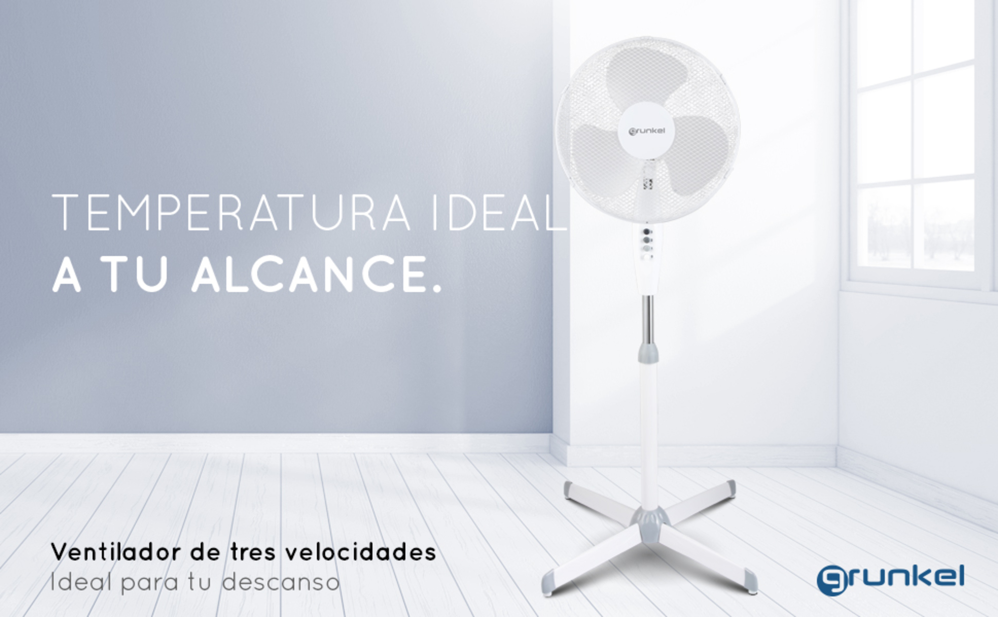Weißer Ventilator mit silbernem Ständer, Text und weißem Hintergrund.