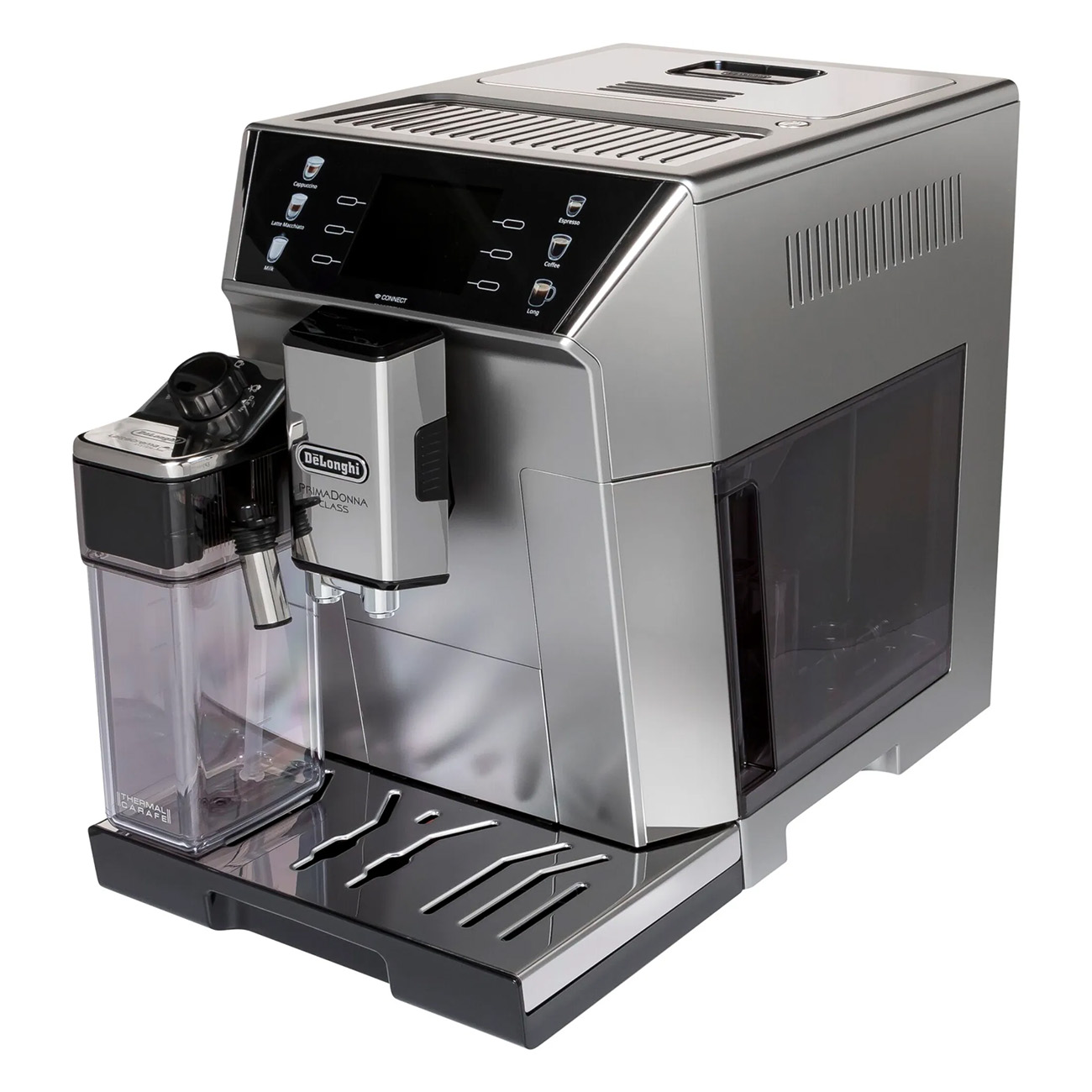 Srebrny ekspres do kawy DeLonghi, z czarną podstawą i zbiornikiem na wodę z boku.