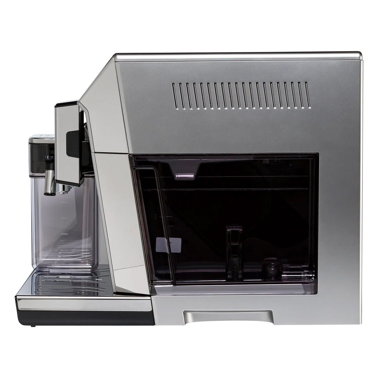 Srebrny ekspres do kawy ze zbiornikiem na wodę i czarnym interfejsem. Na białym tle.