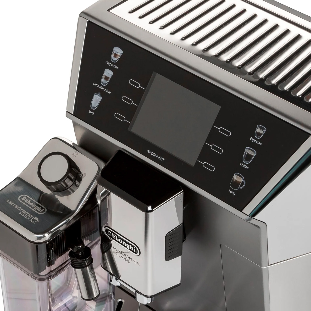 Widok z bliska na nowoczesny srebrno-czarny ekspres do kawy, pokazujący różne funkcje.