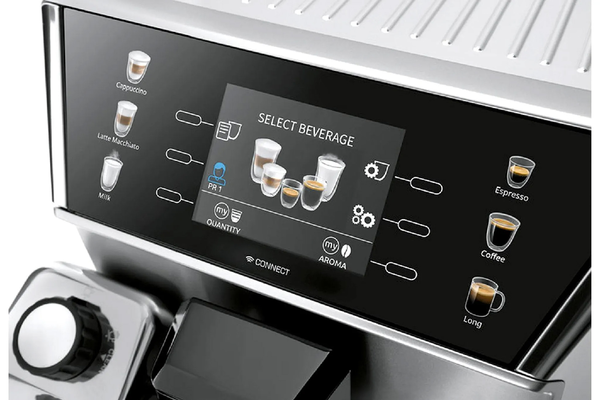 Zbliżenie panelu sterowania ekspresu do kawy z różnymi opcjami napojów.