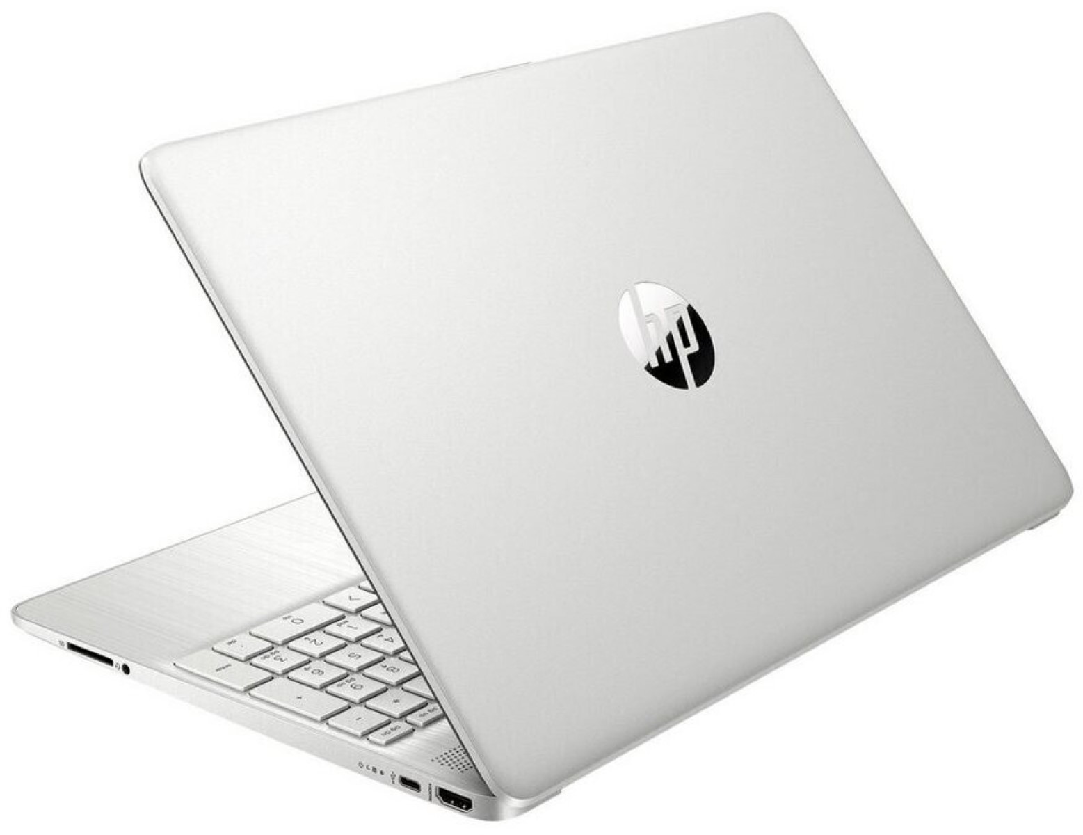 Silberner HP-Laptop, geöffnet. Zeigt die Rückseite mit dem HP-Logo. Weißer Hintergrund.