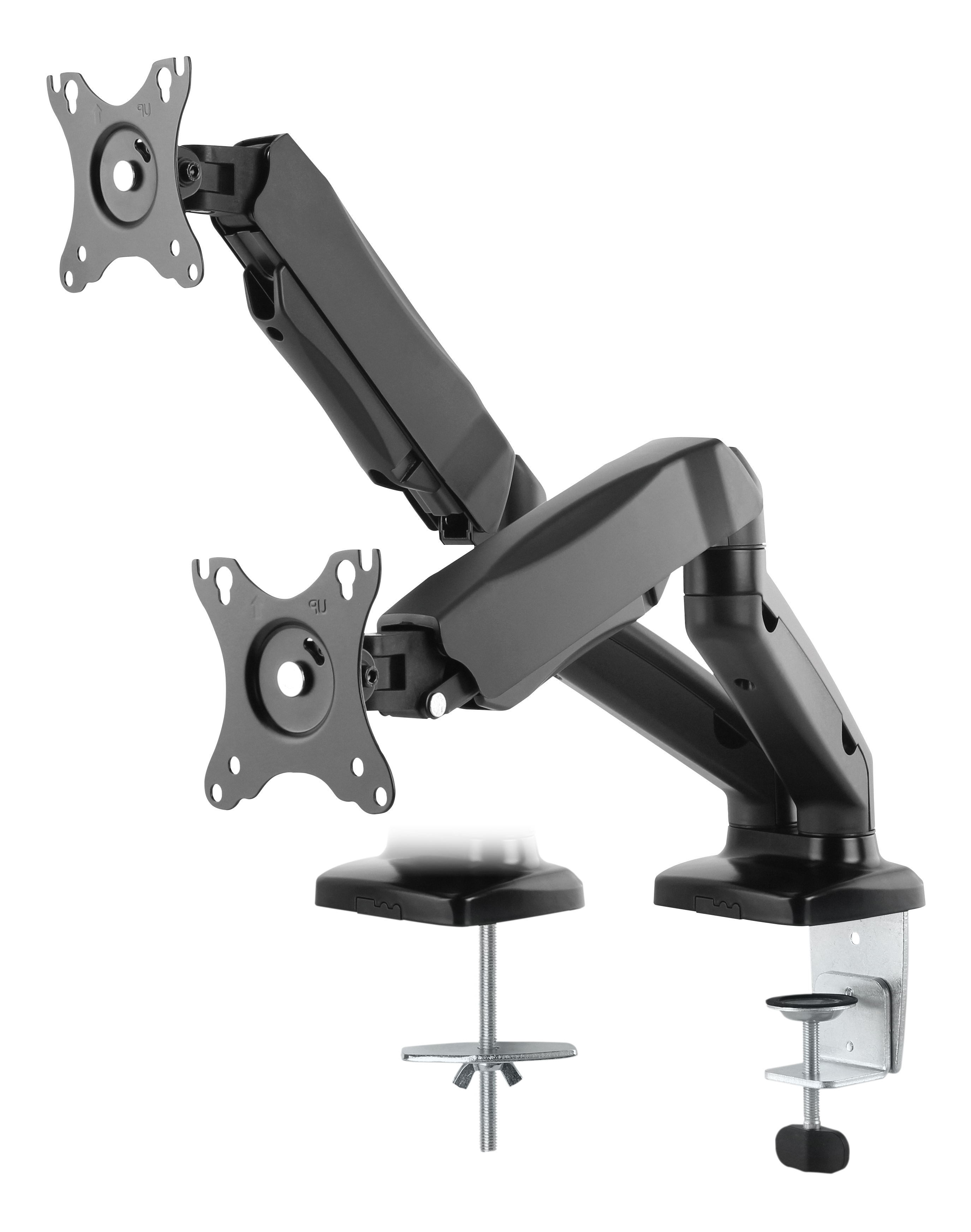 Monitorarm für zwei Monitore. Schwarze, verstellbare Arme. Silberner Metallsockel mit Klemme.