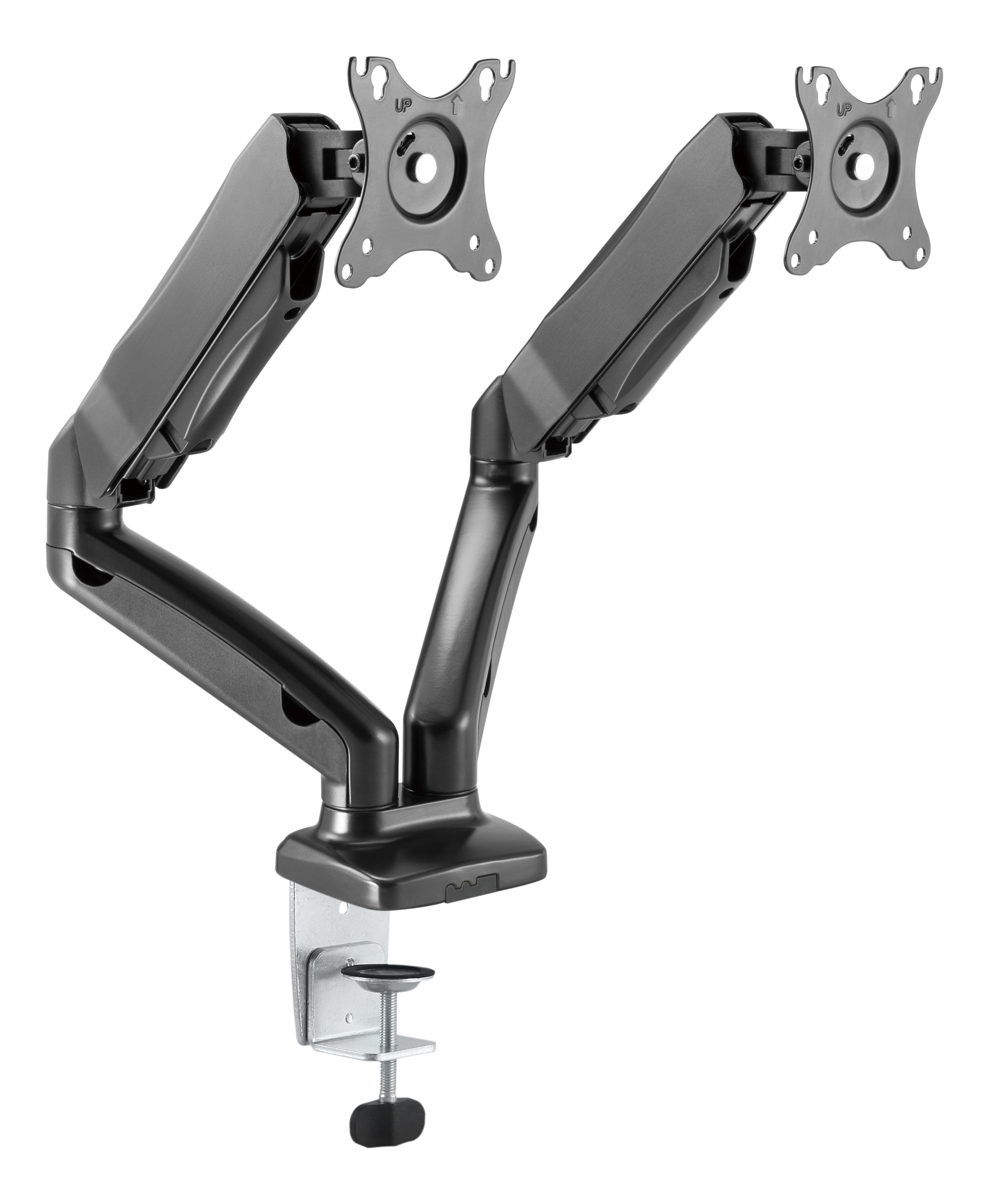 Eine Doppelmonitor-Armhalterung mit zwei angeschlossenen Bildschirmen und einer Klemme zur Befestigung an einem Schreibtisch.