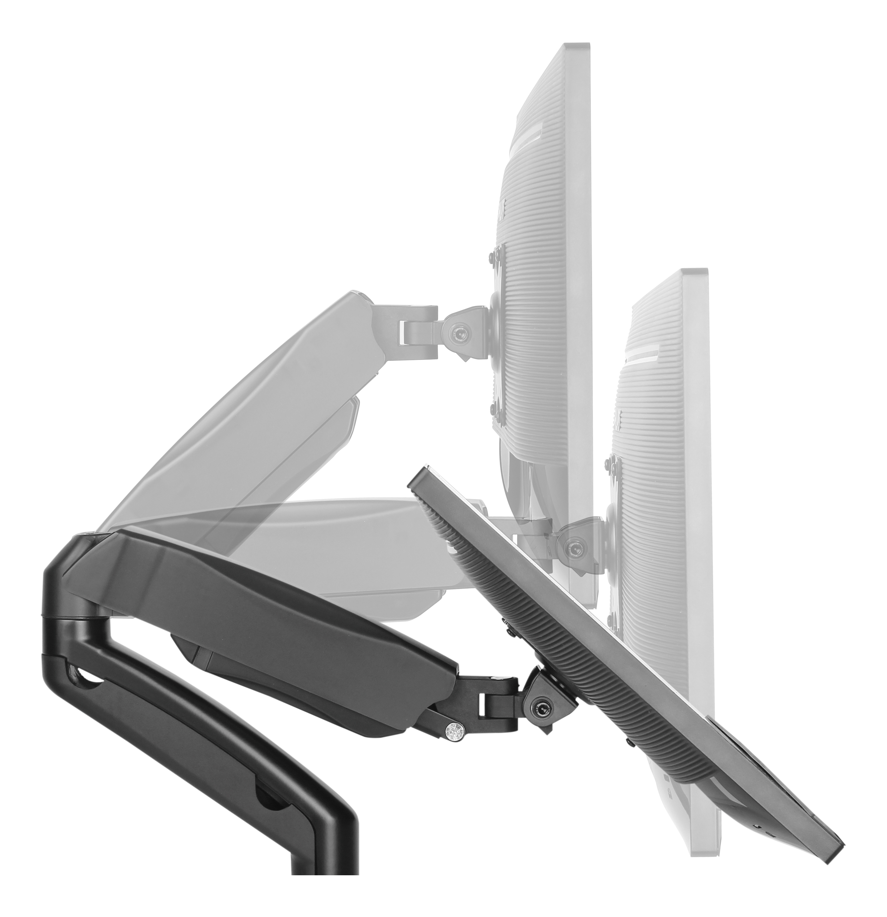 Zwei Computermonitore an einem schwarzen, verstellbaren Arm, Seitenansicht.