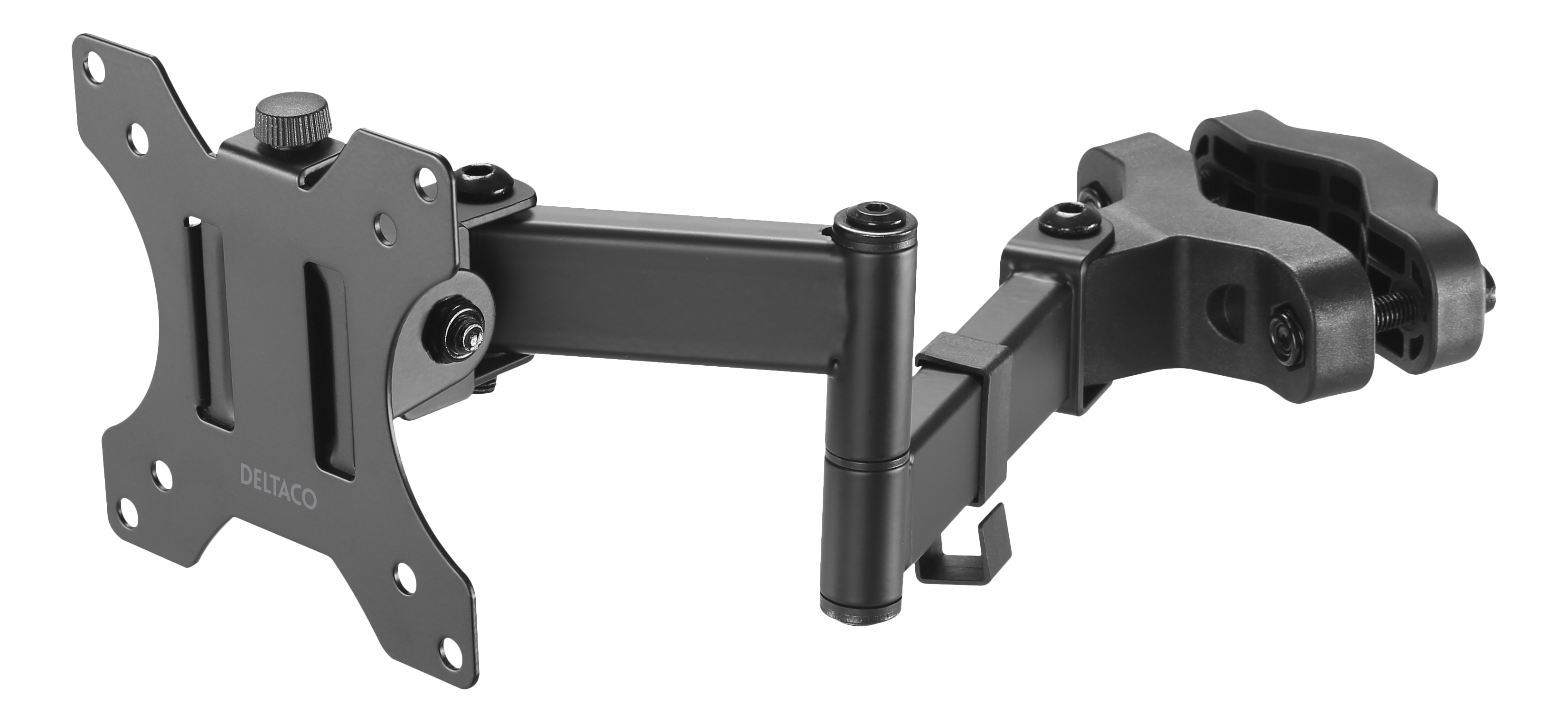 Schwarze Monitorhalterung. Sie hat eine Halterung, einen Arm und eine Klemme.