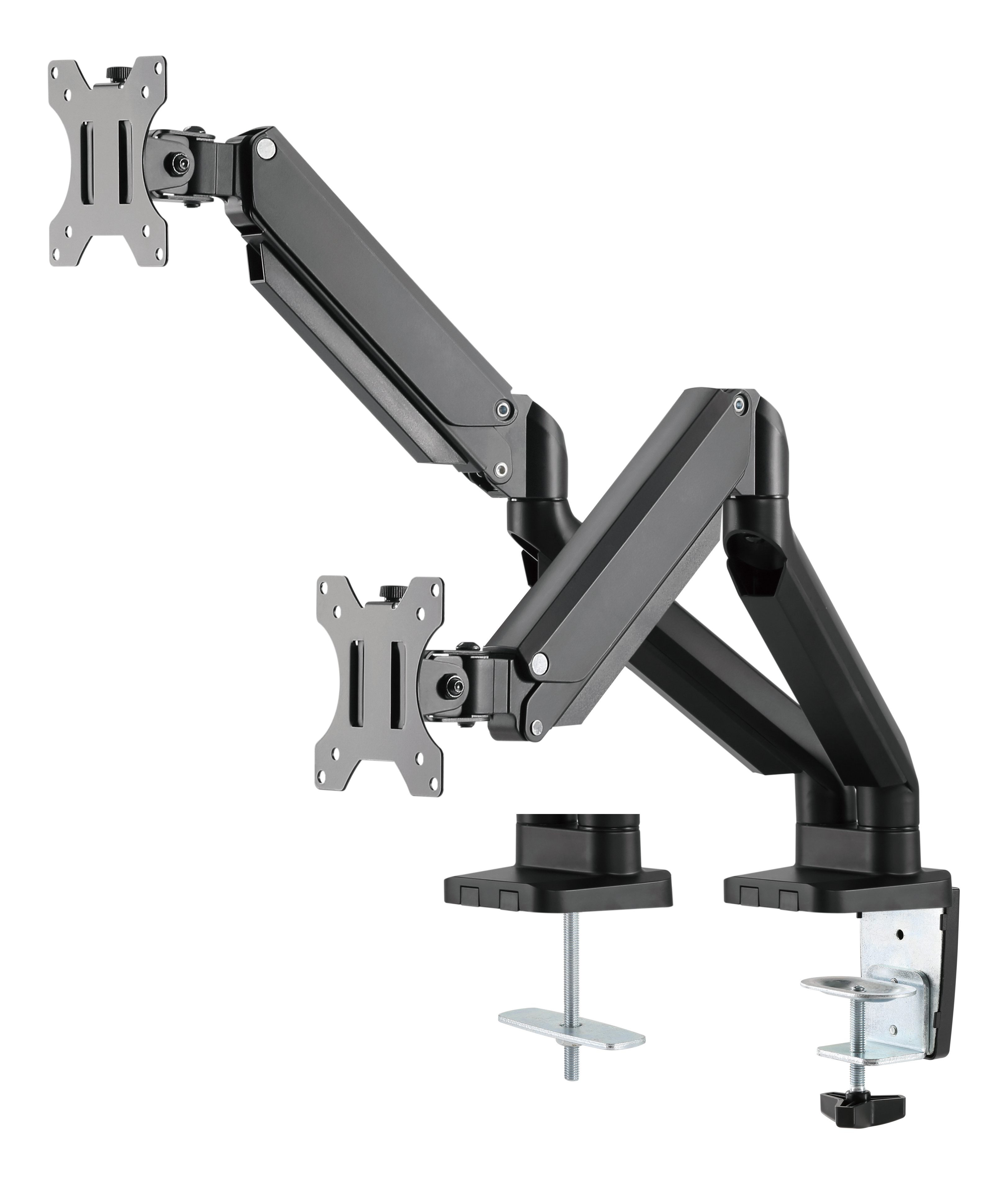 Schwarzer Doppelmonitorarm. Inklusive Montagematerial. Gelenkarme und stabiler Sockel.