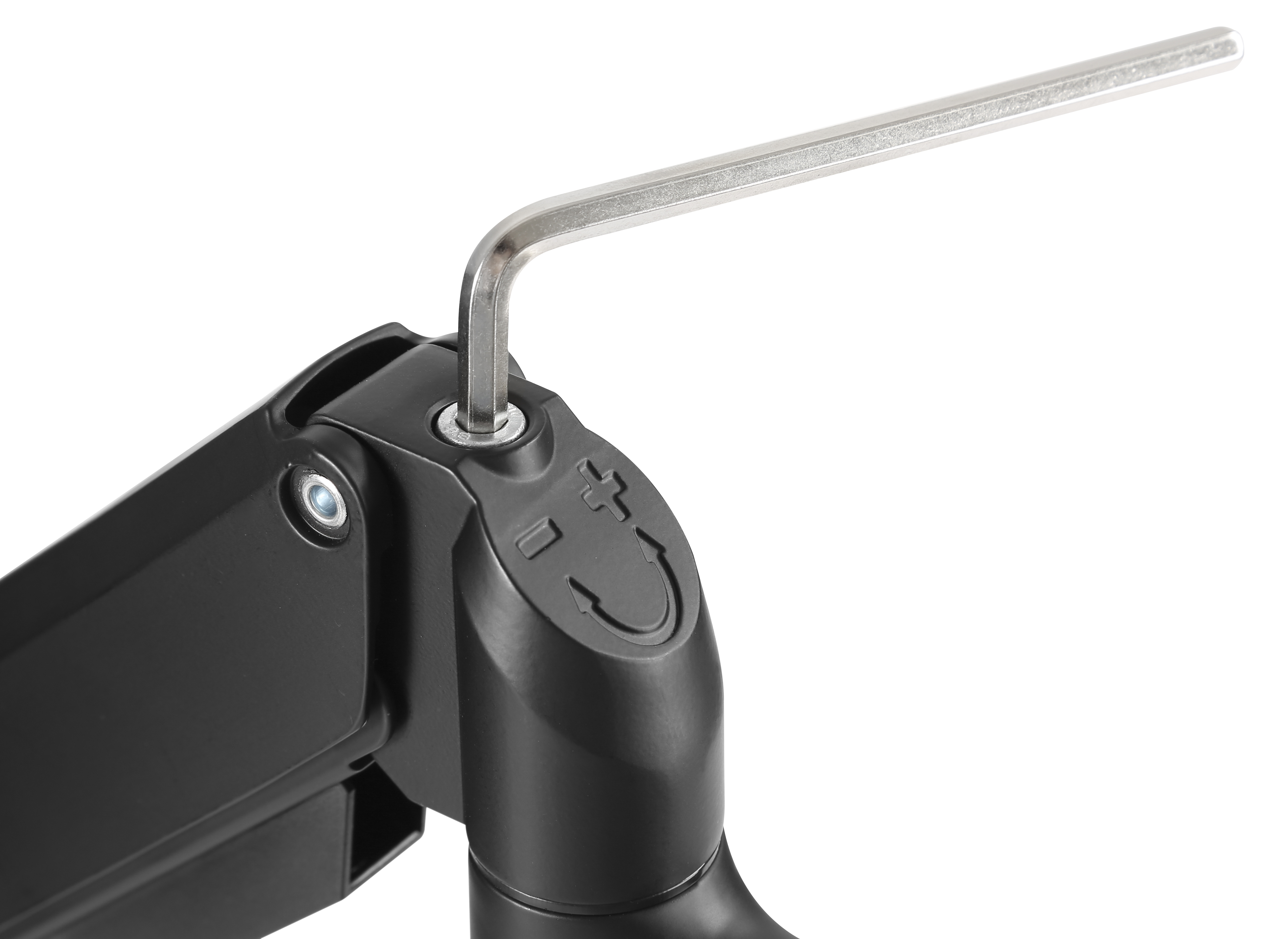 Nahaufnahme eines schwarzen Monitorarms mit eingesetztem Inbusschlüssel. Weißer Hintergrund.