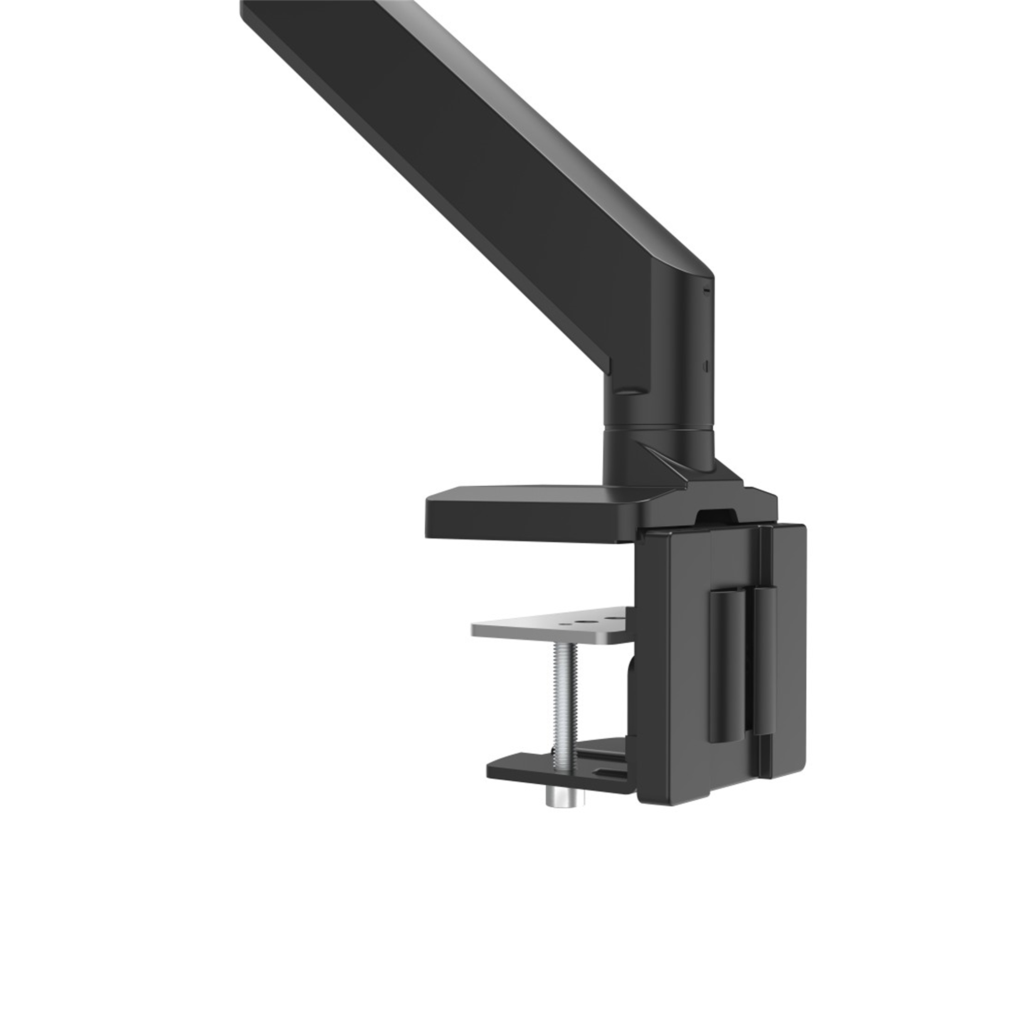 Un brazo de monitor negro, sujetado a una base, con una articulación.