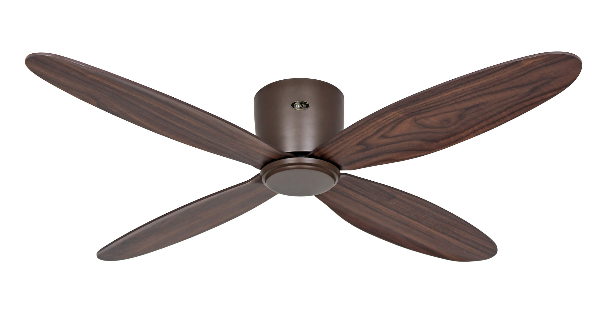 Deckenventilator mit vier dunkelbraunen Flügeln und einem passenden Motorgehäuse.