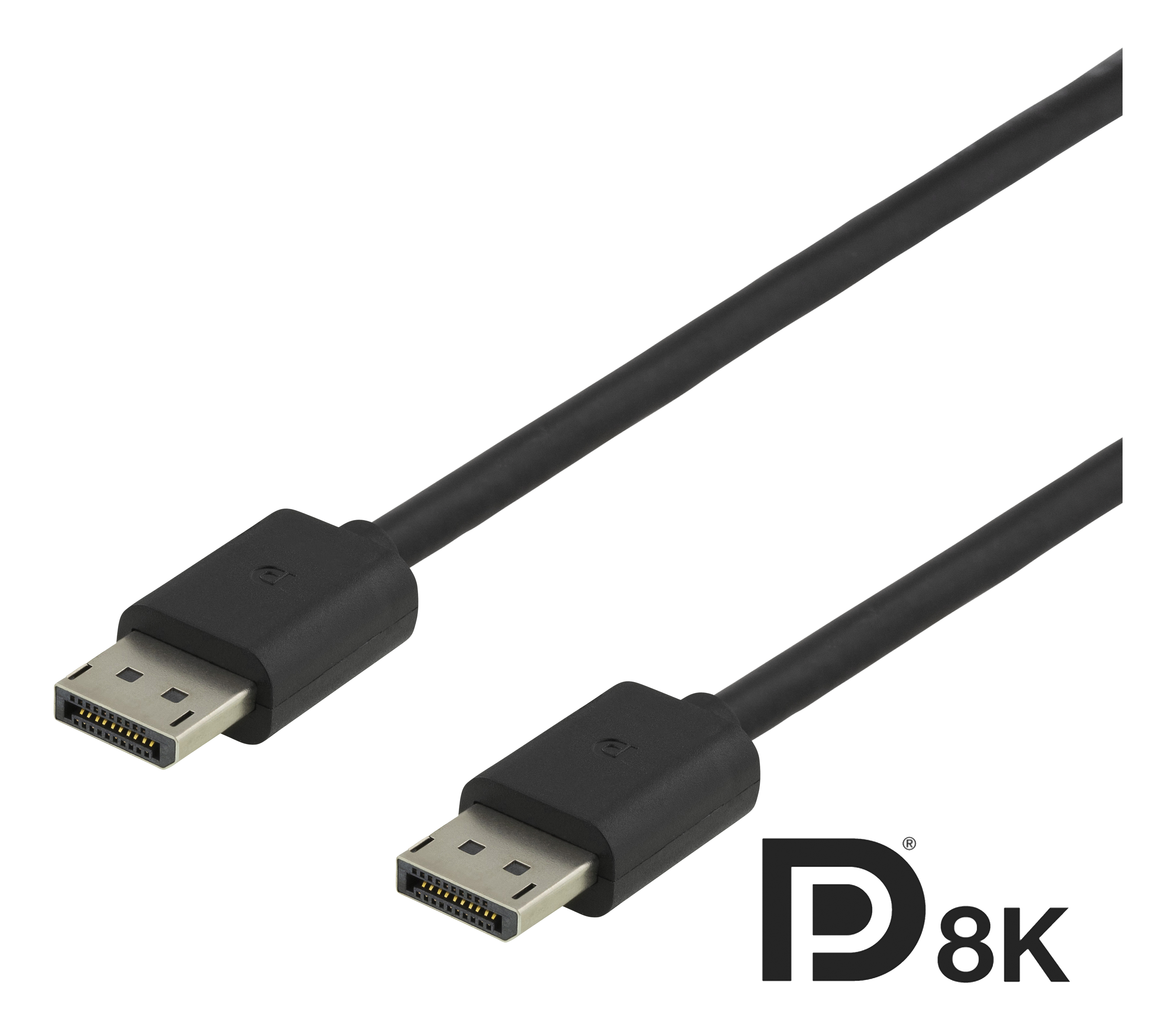 Een zwarte DisplayPort-kabel met connectoren aan beide uiteinden, tegen een witte achtergrond. De tekst 'D8K' is zichtbaar.