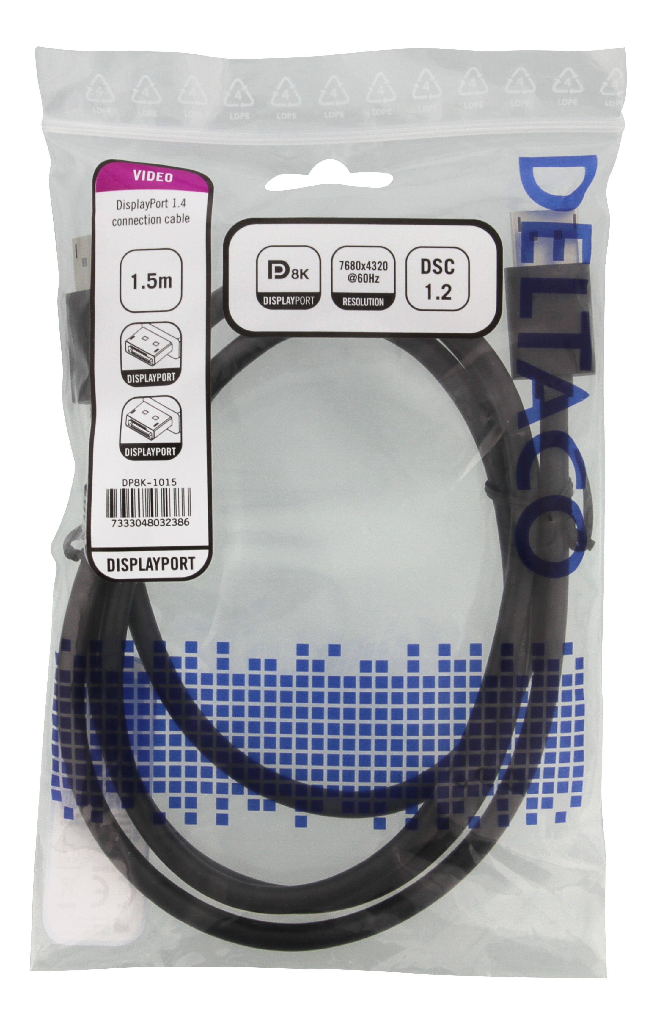 DisplayPort 1.4-aansluitkabel in een plastic zak. De zak toont details.