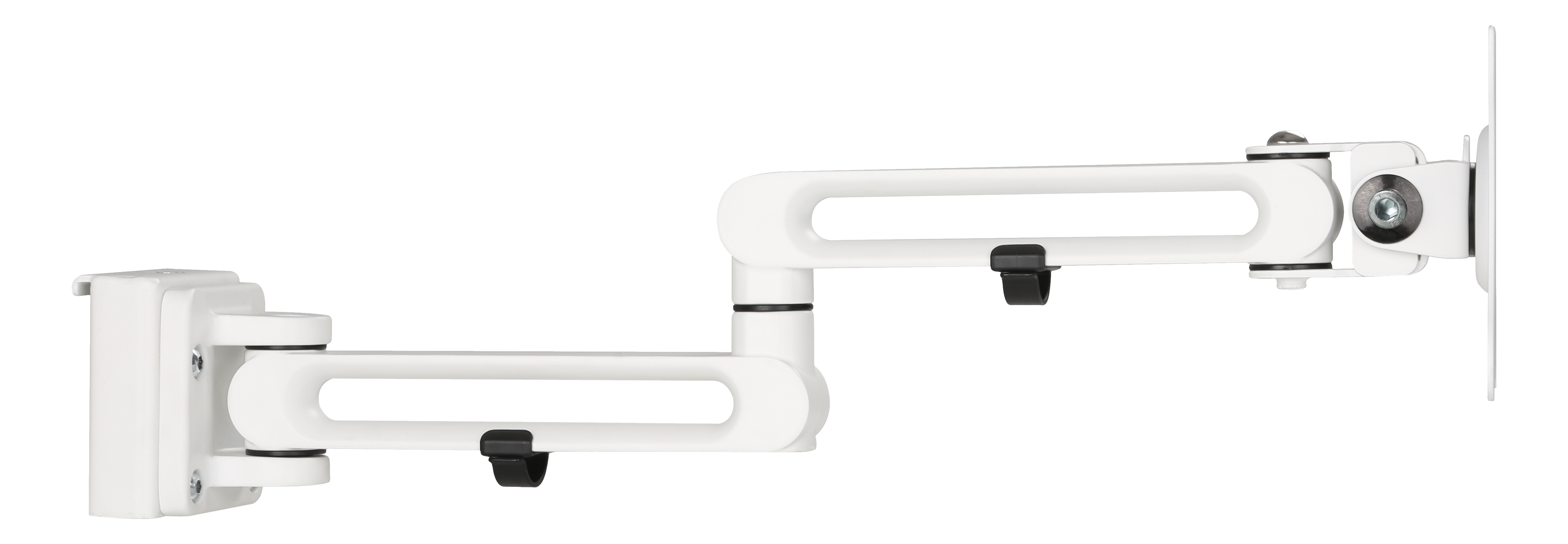 Weißer Monitorarm mit mehreren Gelenken, an einer weißen Wand montiert, horizontal ausgefahren.
