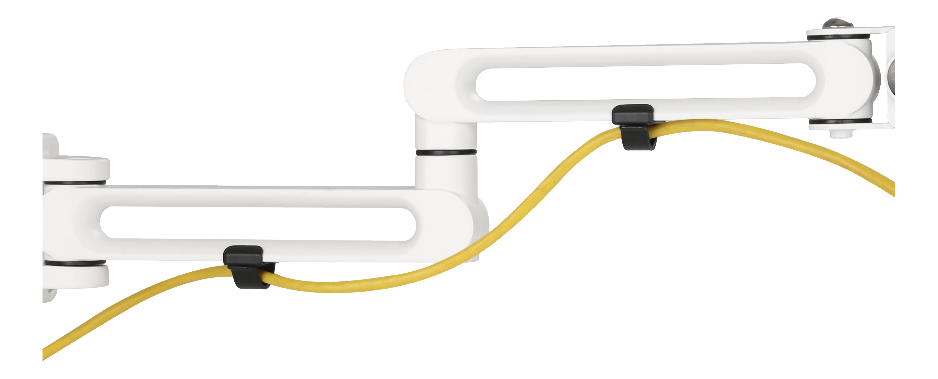 Weiße, verstellbare Wandhalterung mit gelbem Kabel. Die Halterung hat zwei Arme und hält das Kabel fest.