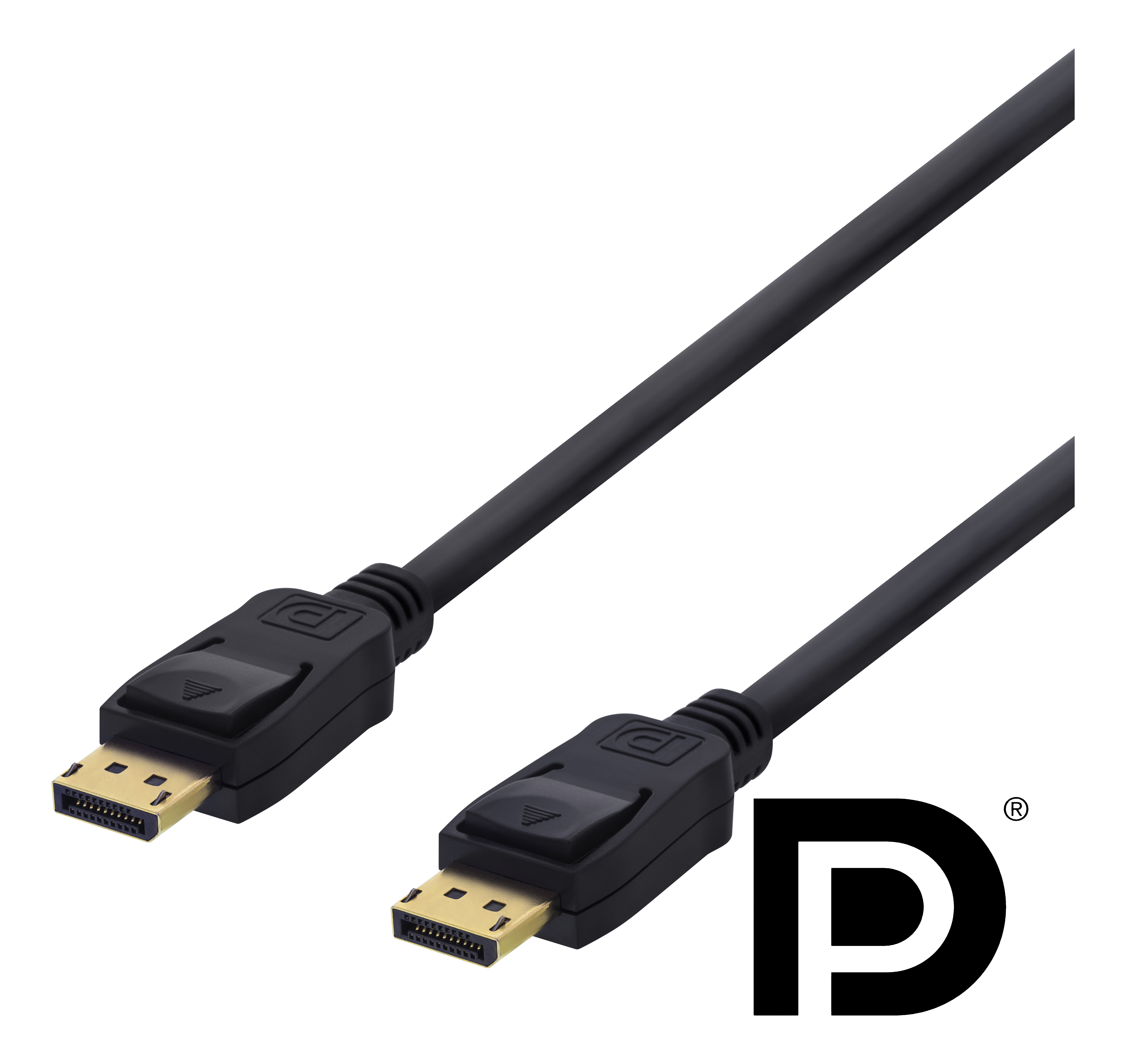 Schwarzes DisplayPort-Kabel mit Steckern an beiden Enden. Goldfarbene Pins. Weißer Hintergrund.