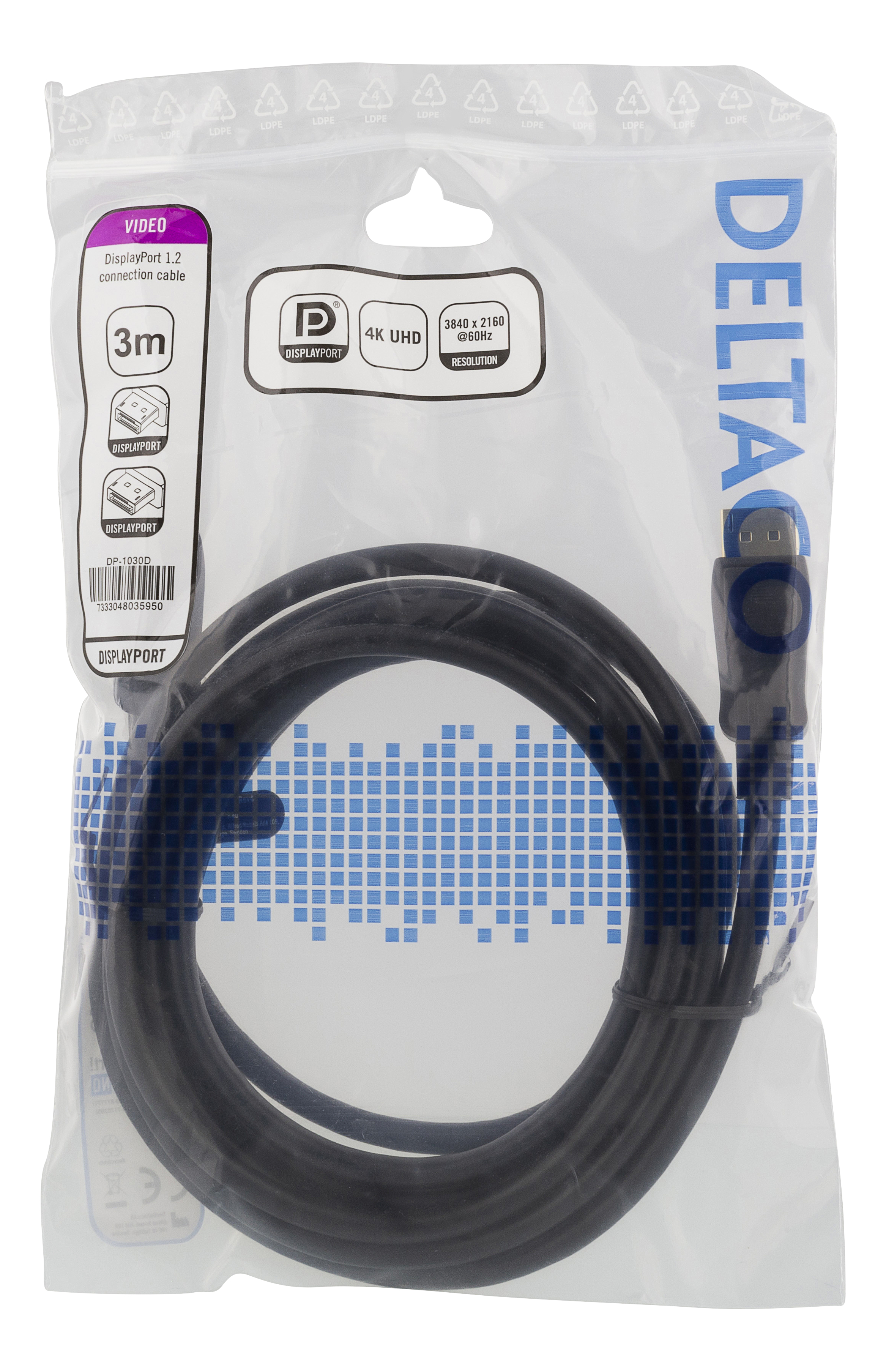 Ein schwarzes DisplayPort-Kabel in einer transparenten Kunststoffverpackung mit Textdetails.