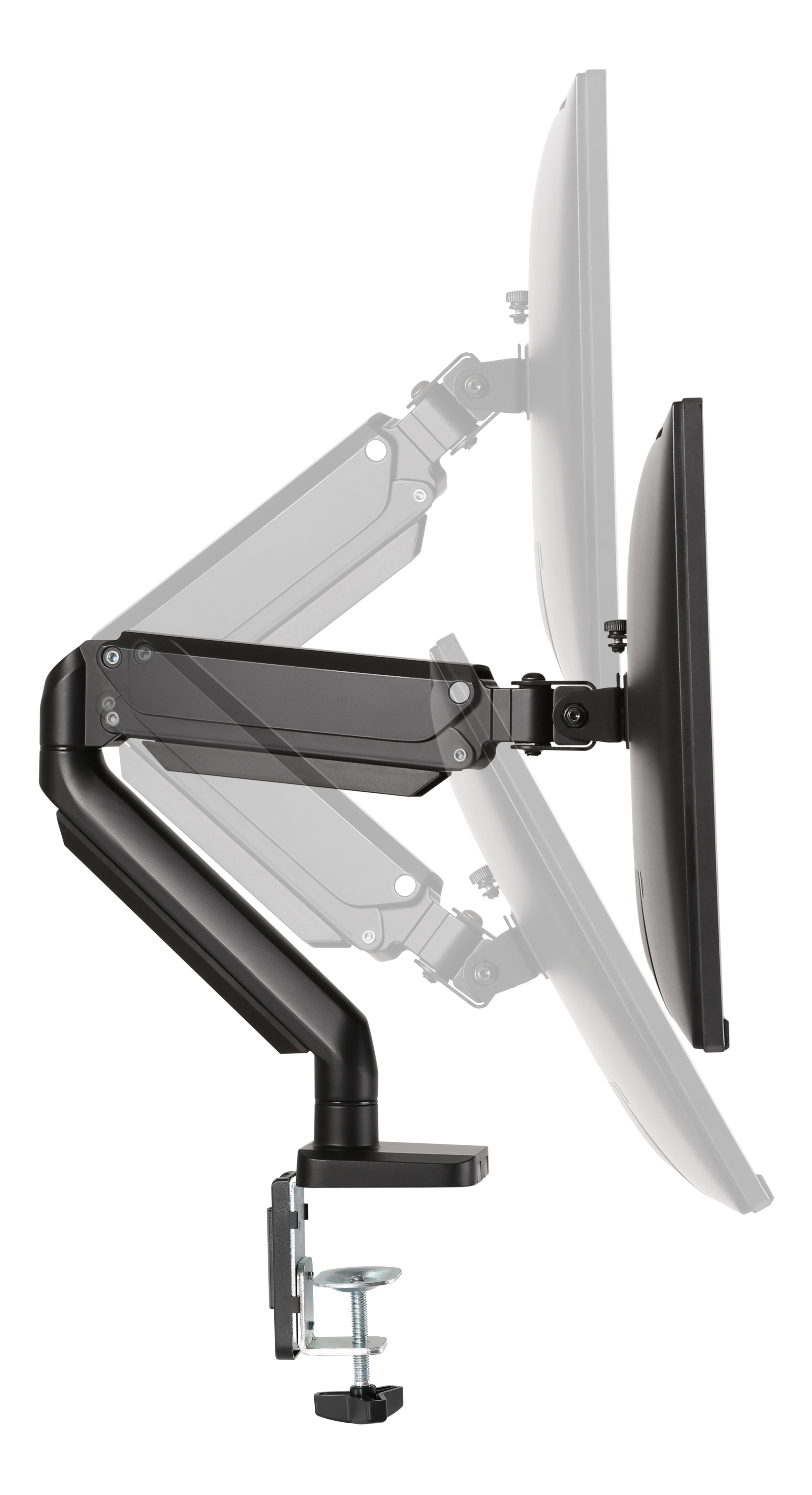 Ein schwarzer Monitorarm mit einem befestigten Monitor und einem Geistermonitor dahinter.