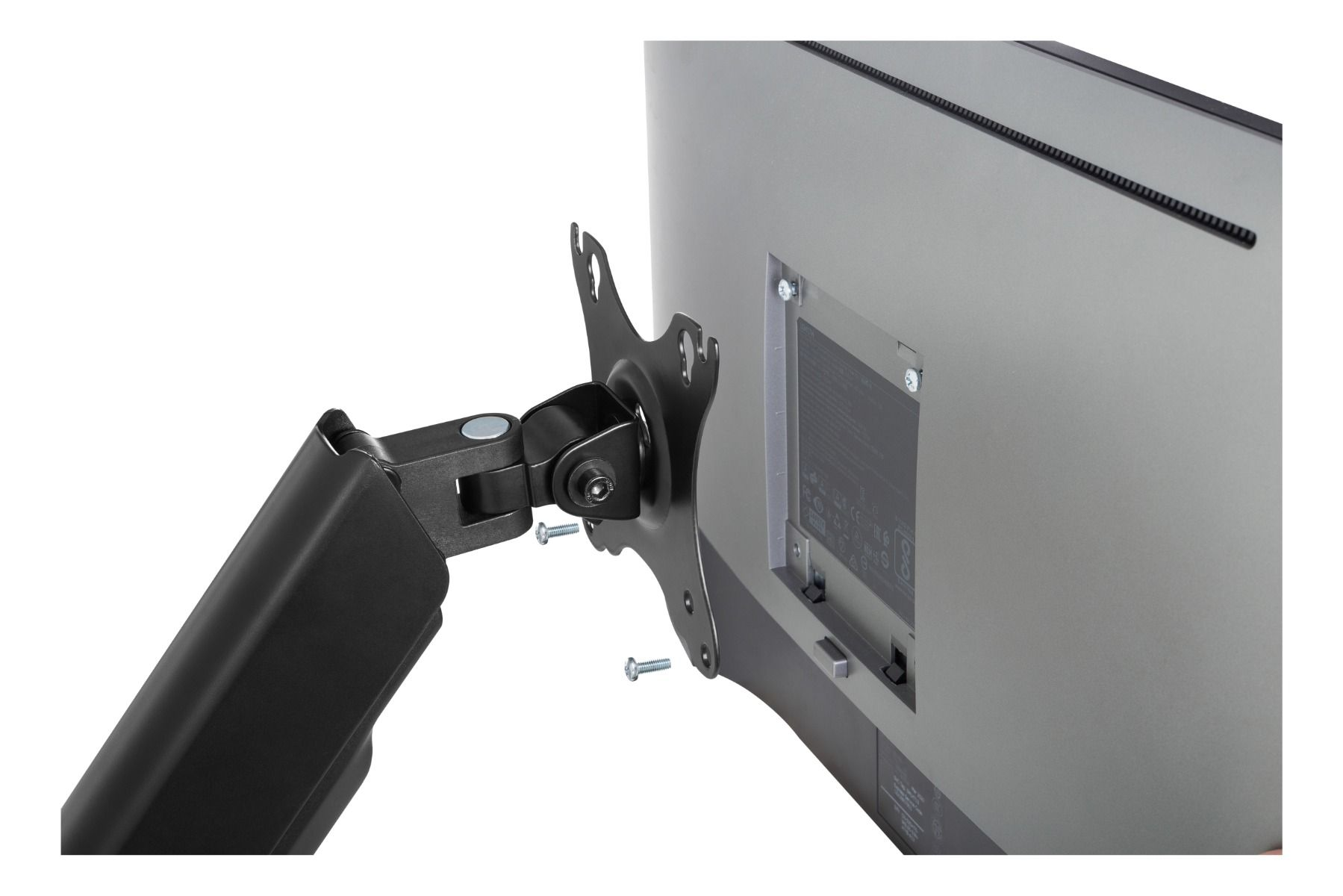 Monitorhalterung. Ein Monitor ist mit Schrauben an einem schwarzen, verstellbaren Arm befestigt.