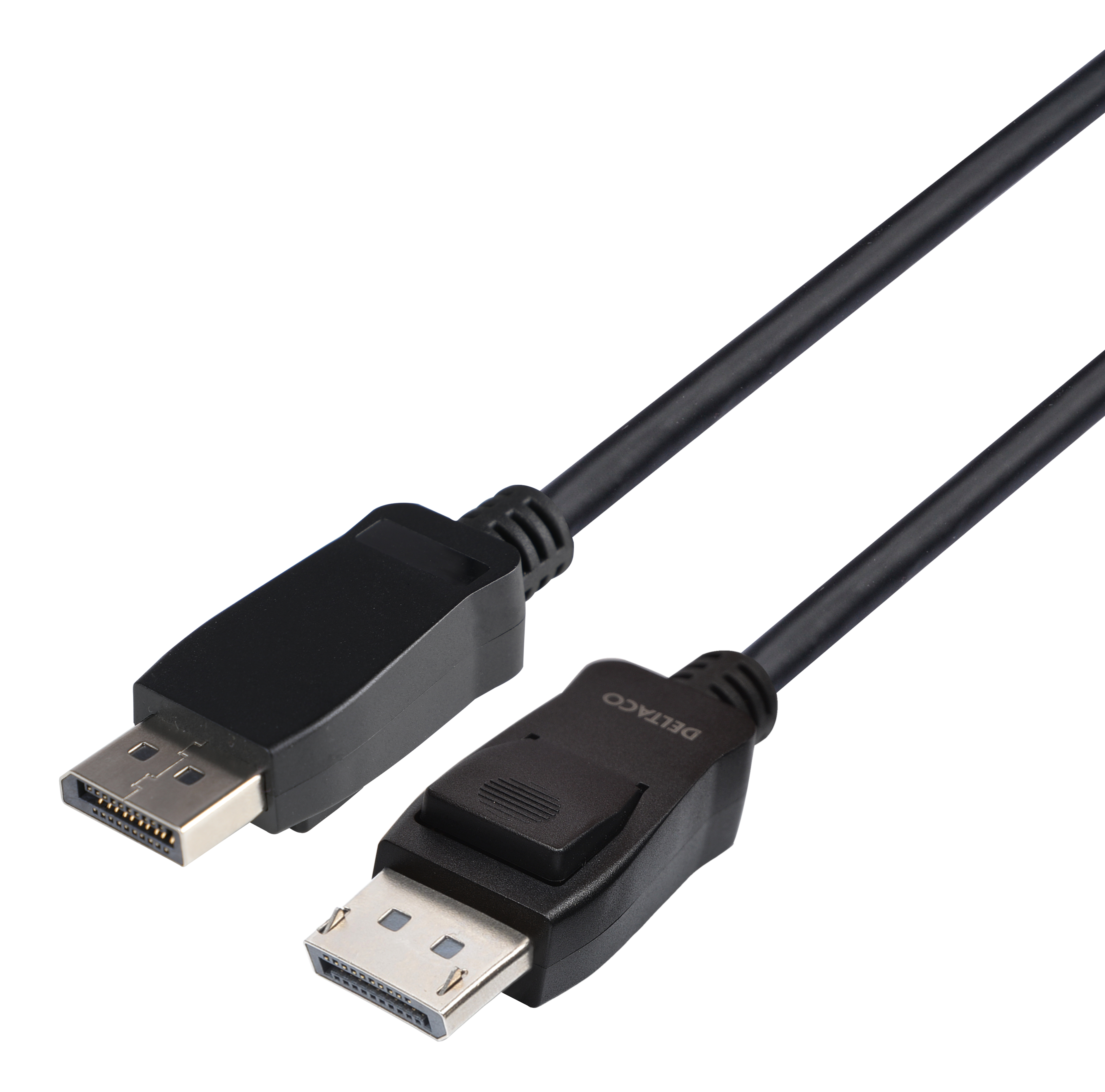 Zwarte DisplayPort-kabel. Eén uiteinde is aangesloten, de andere is vrij. Witte achtergrond.