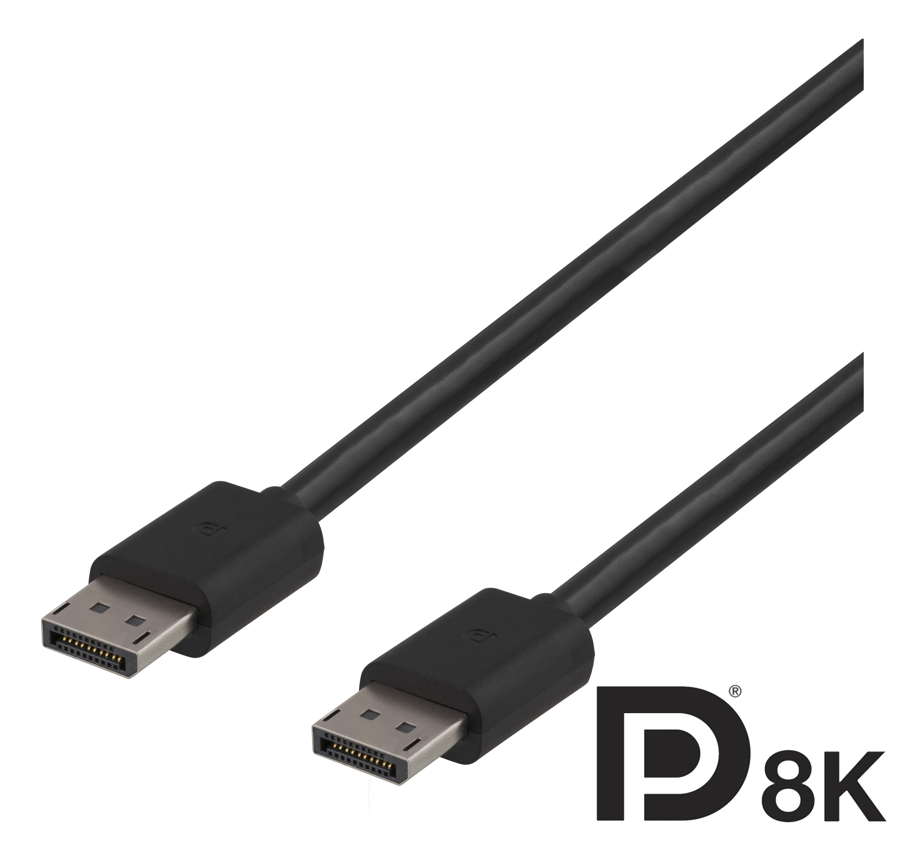 Zwarte DisplayPort-kabel met connectoren aan beide uiteinden. De kabel is geïsoleerd op een witte achtergrond.
