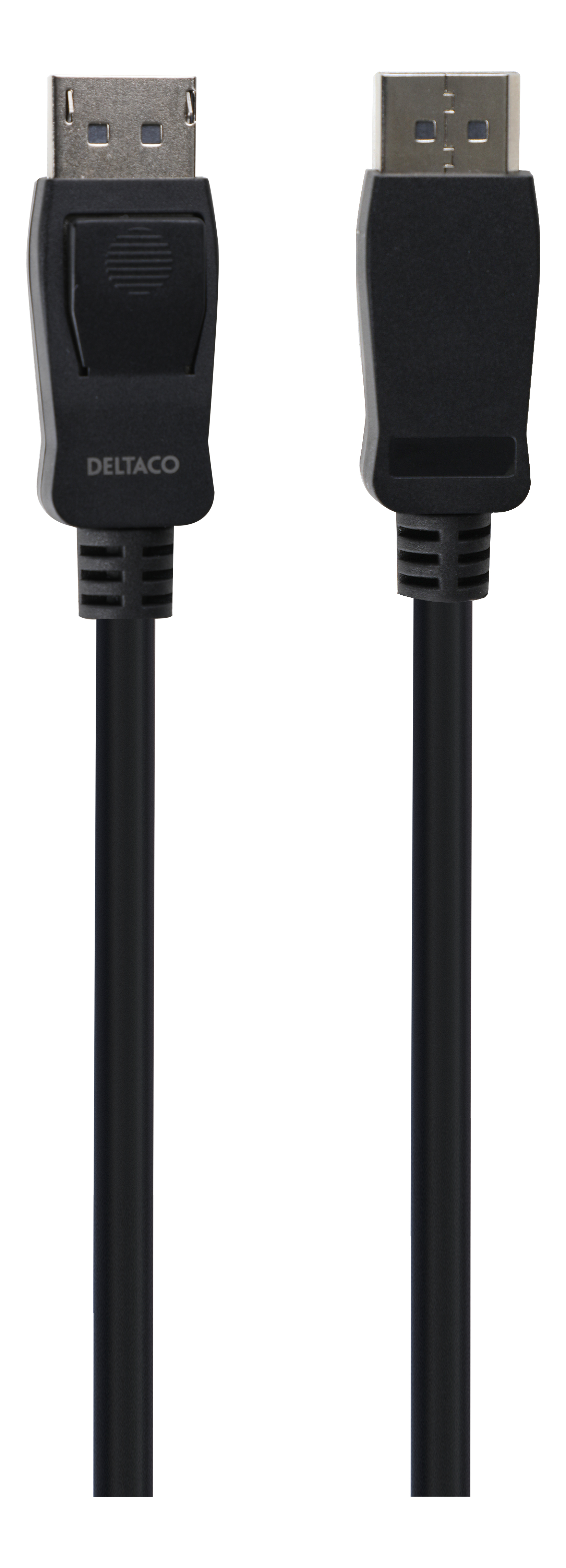 Twee zwarte DisplayPort-kabels, naast elkaar, met de connectoren duidelijk zichtbaar.