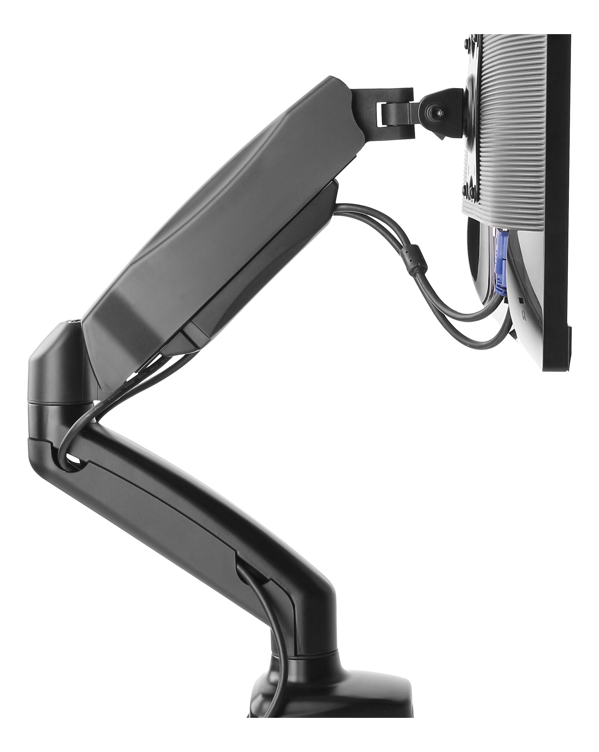 Schwarzer Monitorarm. Der Monitor ist am Ende montiert, Kabel sind angeschlossen.