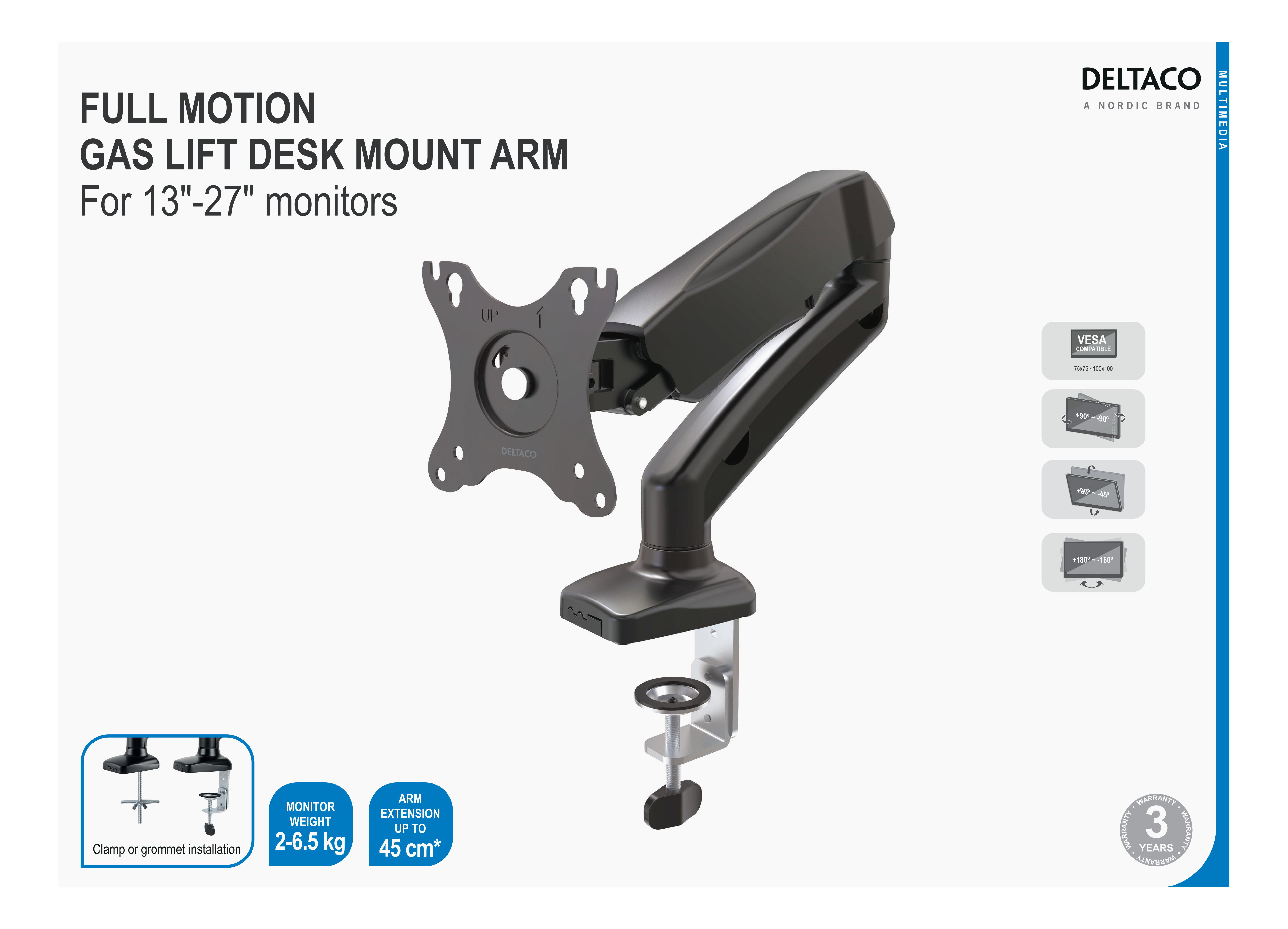 Ein Schreibtischhalterungsarm für Monitore, mit einem schwarzen Arm, einer Klemme und einer VESA-Halterung, vor weißem Hintergrund.