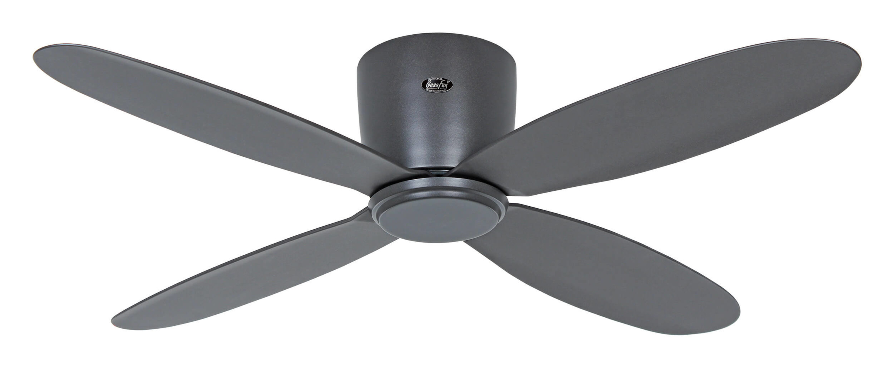 Dunkelgrauer Deckenventilator mit vier Flügeln.