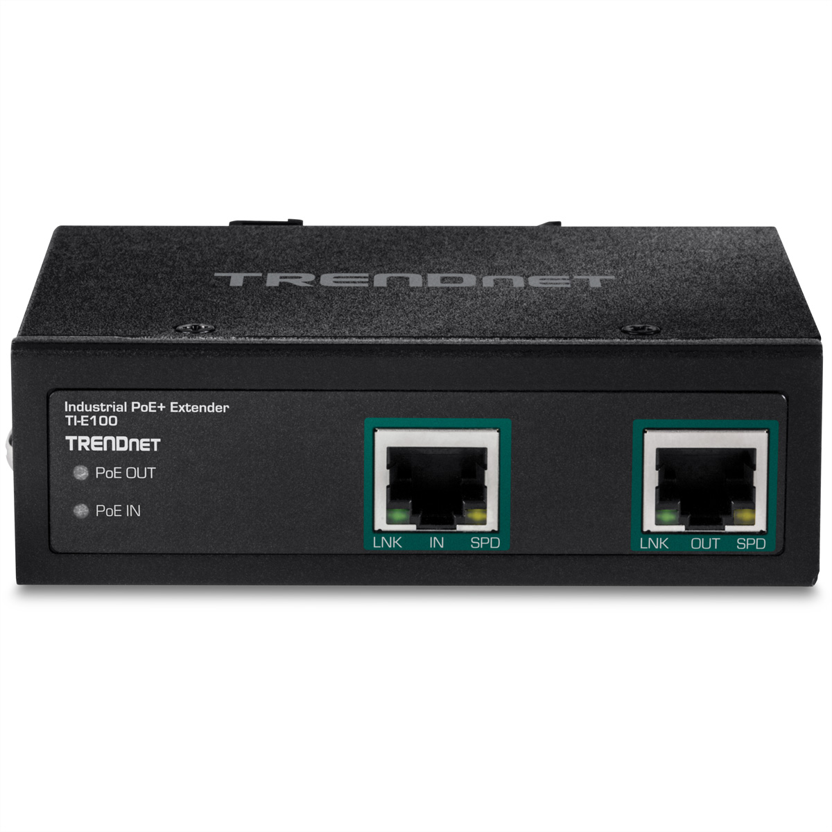 Zwarte TRENDnet Industrial PoE+ Extender met twee Ethernet-poorten en indicatoren.