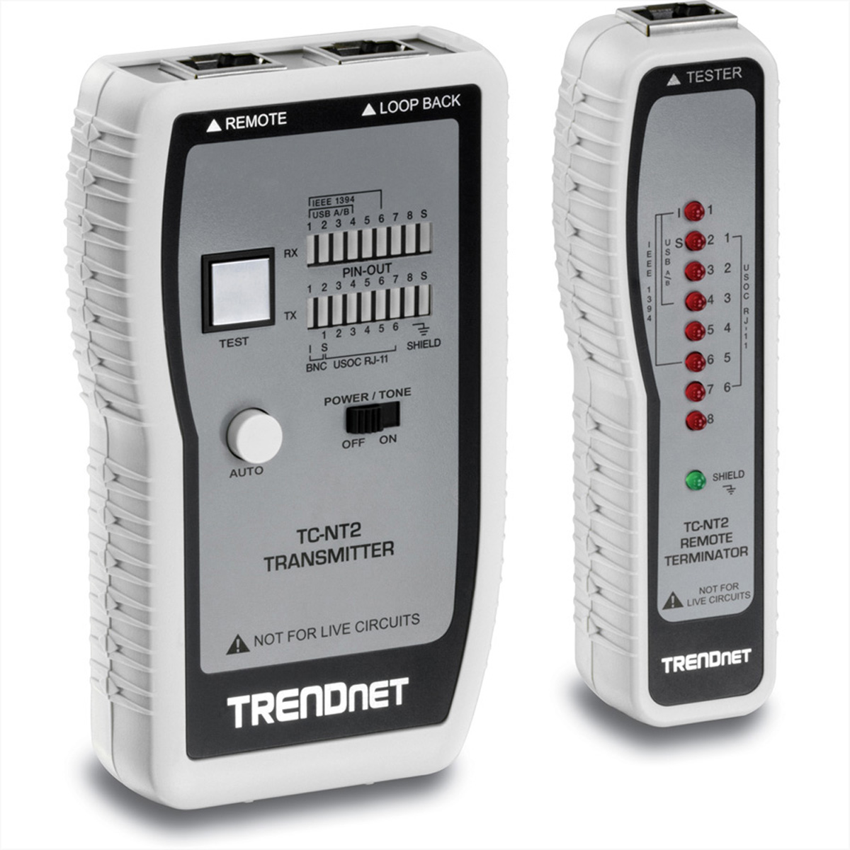 Netwerkkabeltester met remote terminator, wit en grijs, merk TRENDnet.