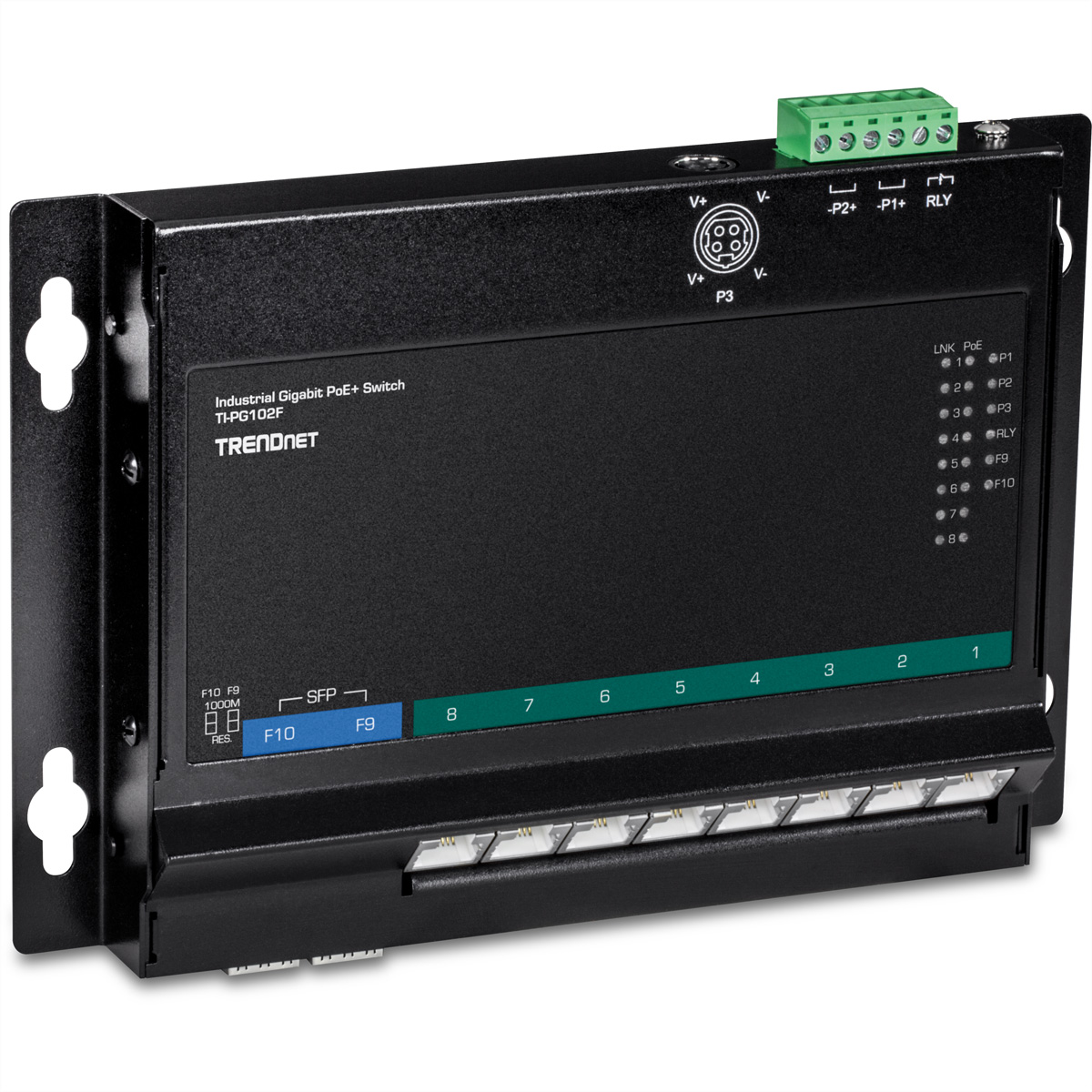 TRENDNET TI-PG102F PoE+ Switch Access 10-Port Industrie Networking Wall-Mount Front Industrial